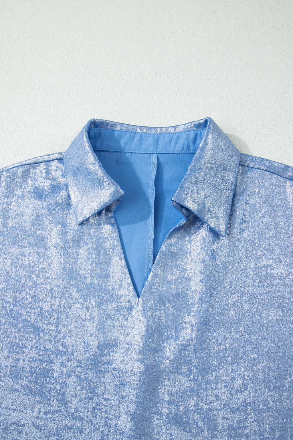 Women's Aqua Metallic Shimmer Collared V Neck Half Sleeve Top at LivelyLooks
