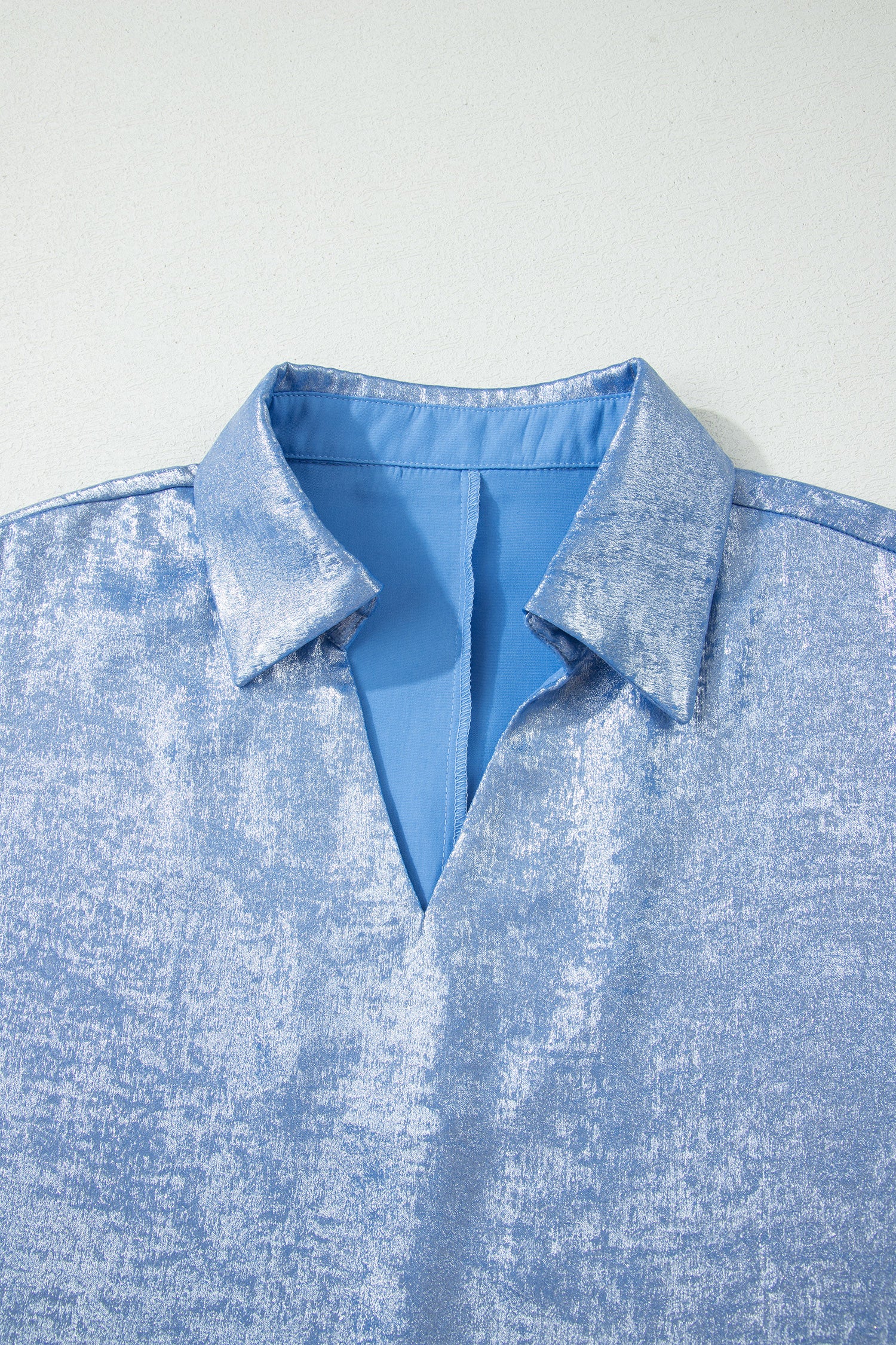 Women's Aqua Metallic Shimmer Collared V Neck Half Sleeve Top at LivelyLooks