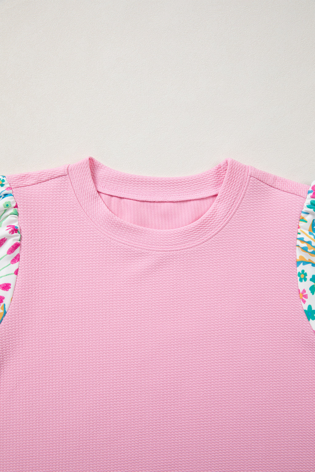 Pink Floral Bubble Sleeve Textured Contrast Round Neck Blouse