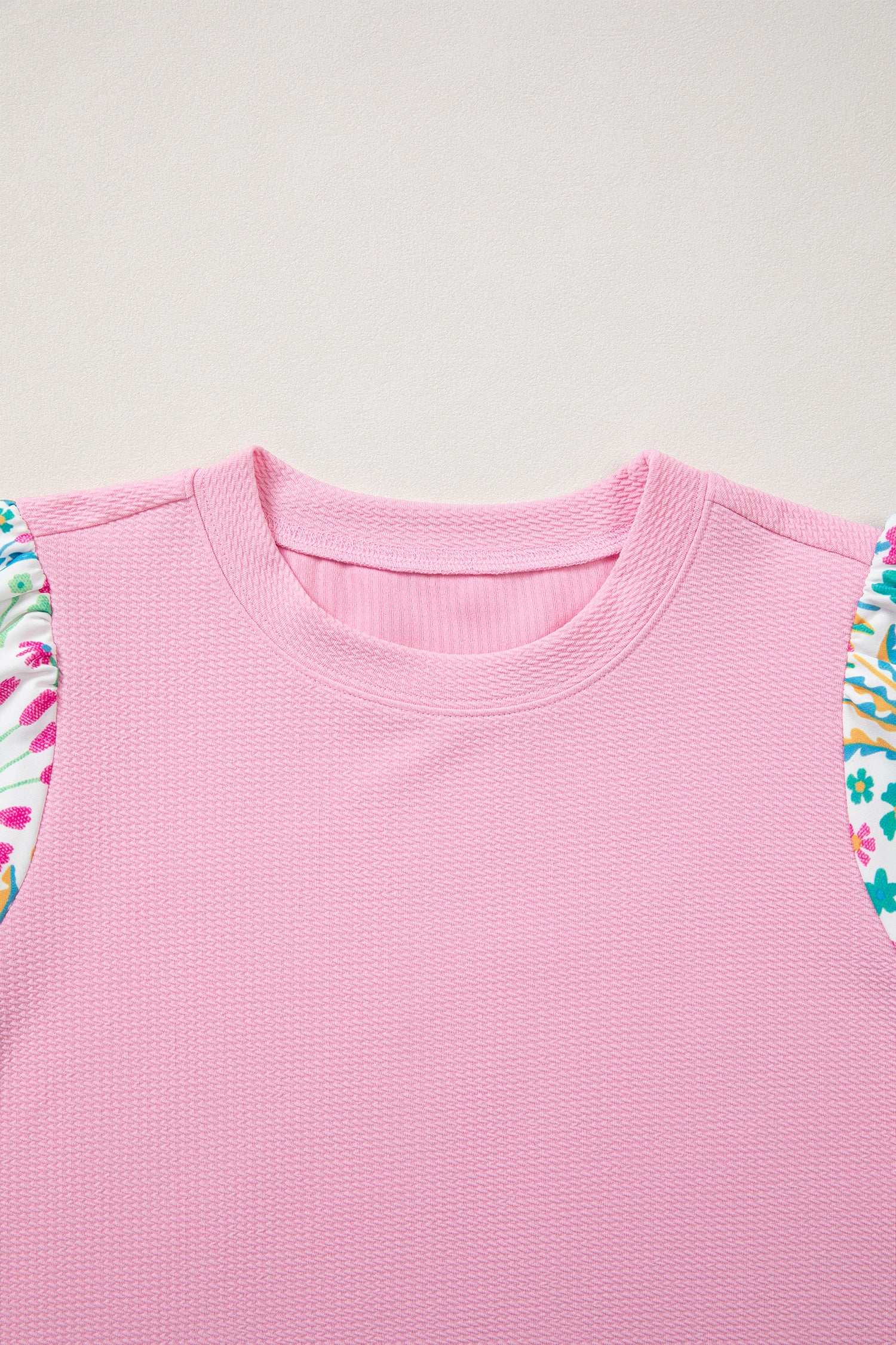 Pink Floral Bubble Sleeve Textured Contrast Round Neck Blouse