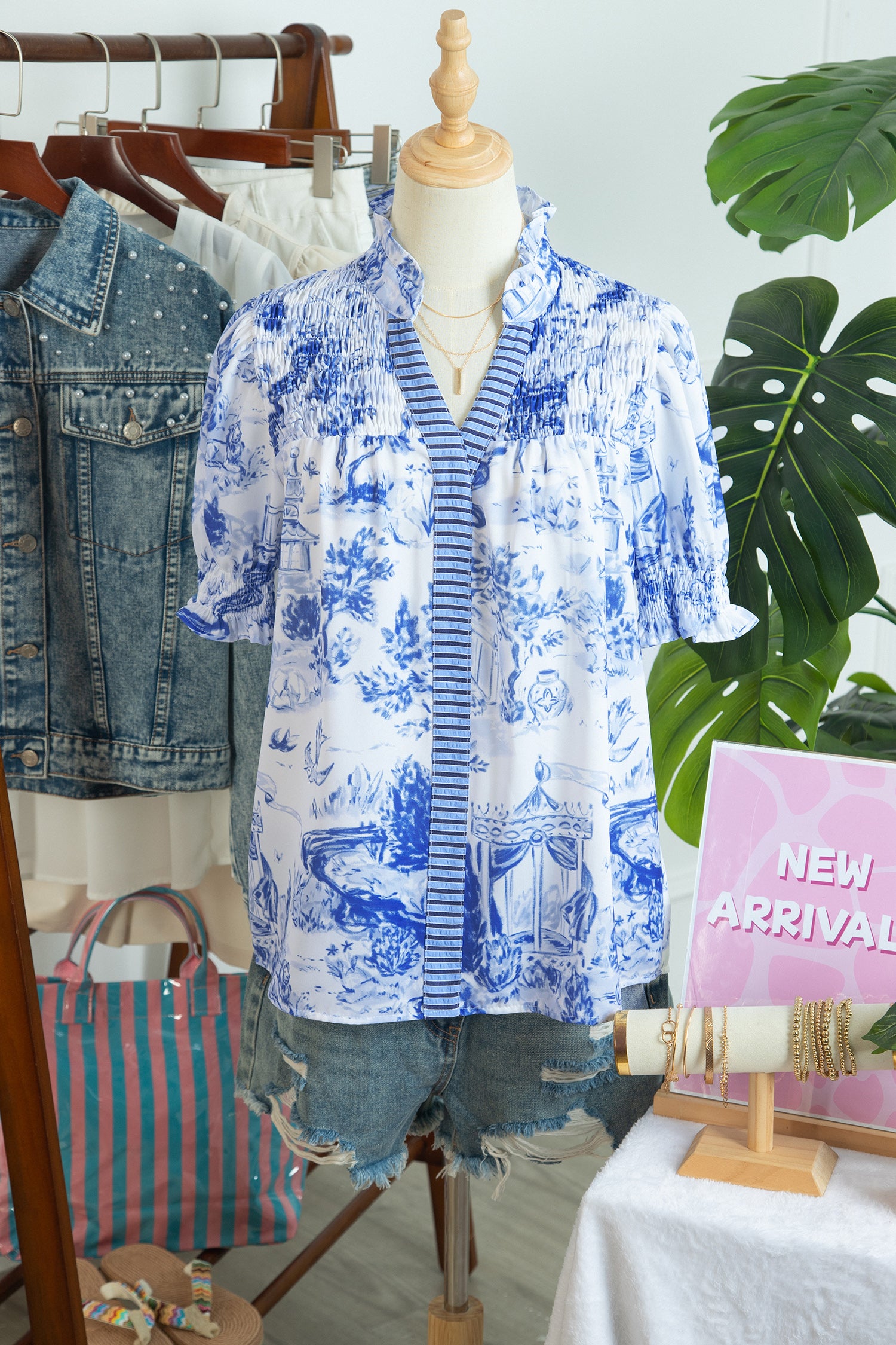 Blue Wild Animal Print Blouse Striped Detail V Neck Short Sleeve Women S-XL