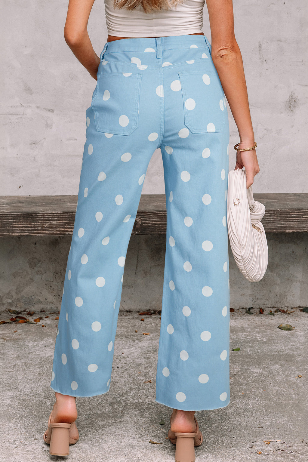 Khaki & Sky Blue Polka Dot Print Raw Hem High-Waist Shift Jeans | Sizes 4–16