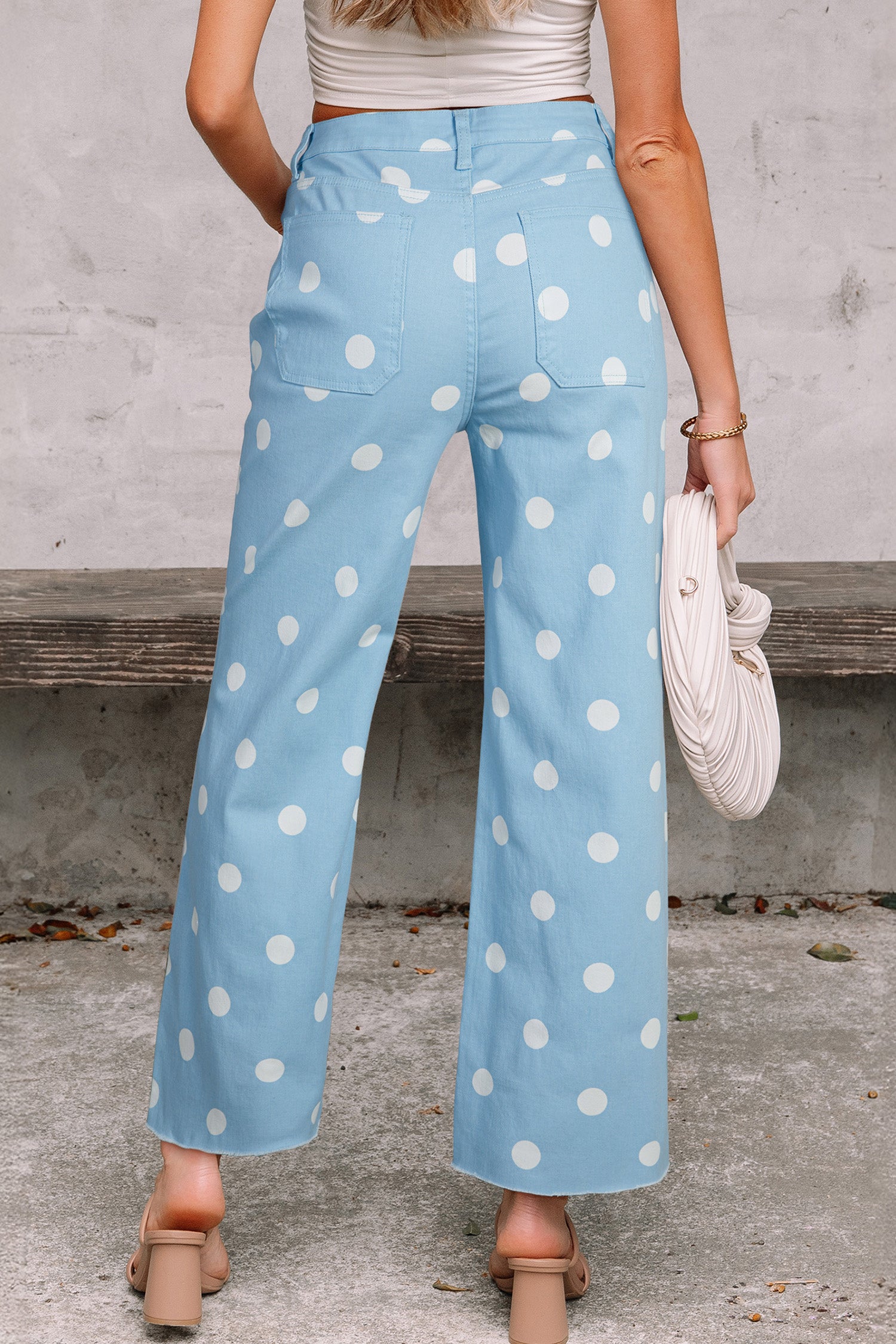 Khaki & Sky Blue Polka Dot Print Raw Hem High-Waist Shift Jeans | Sizes 4–16