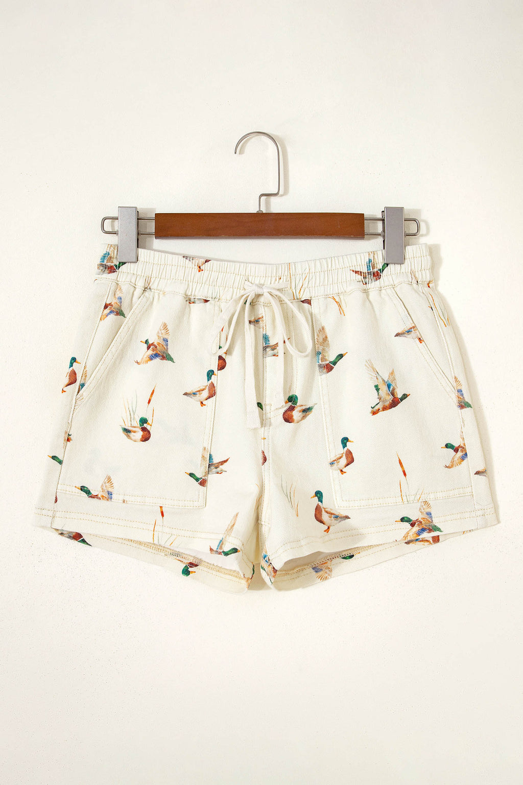 Beige Mallard Print Drawstring Denim Shorts UK 4-16