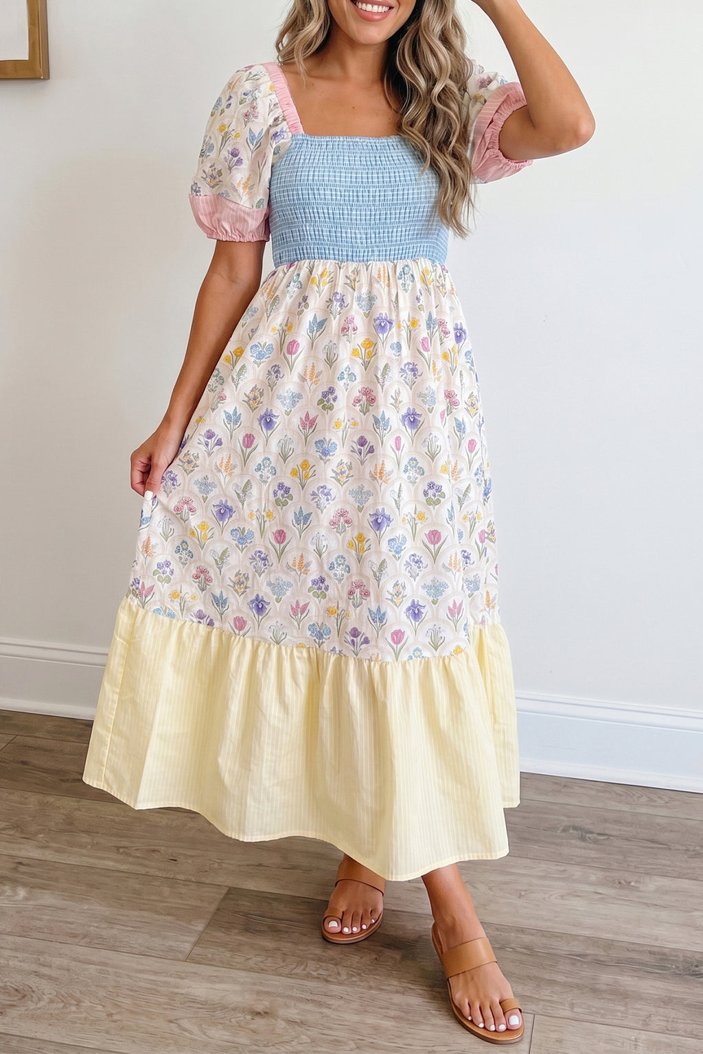 Women's Multicolour Floral Stripe Colour Block Patchwork Square Neck Shirred Maxi Dress at LivelyLooks