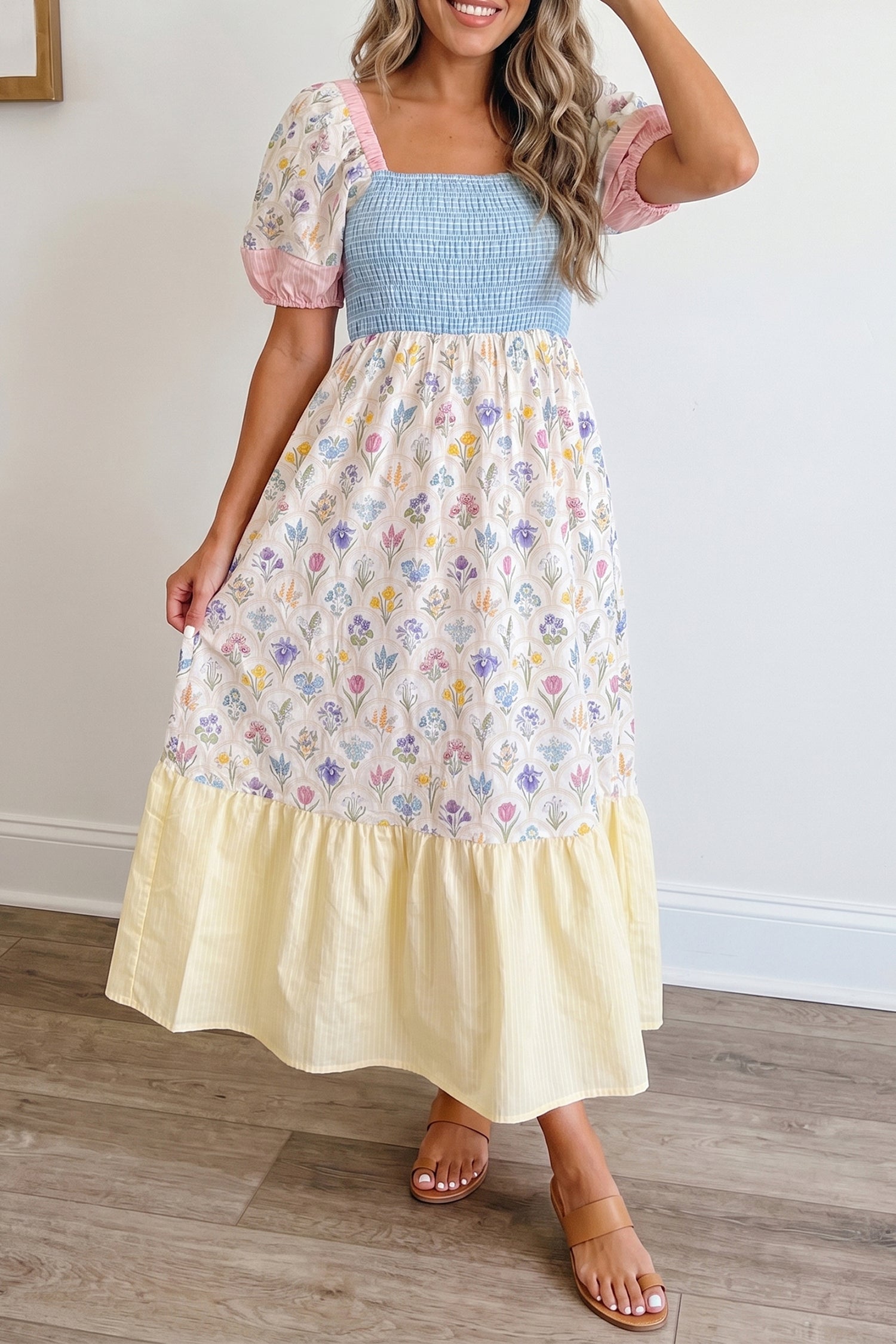 Women's Multicolour Floral Stripe Colour Block Patchwork Square Neck Shirred Maxi Dress at LivelyLooks