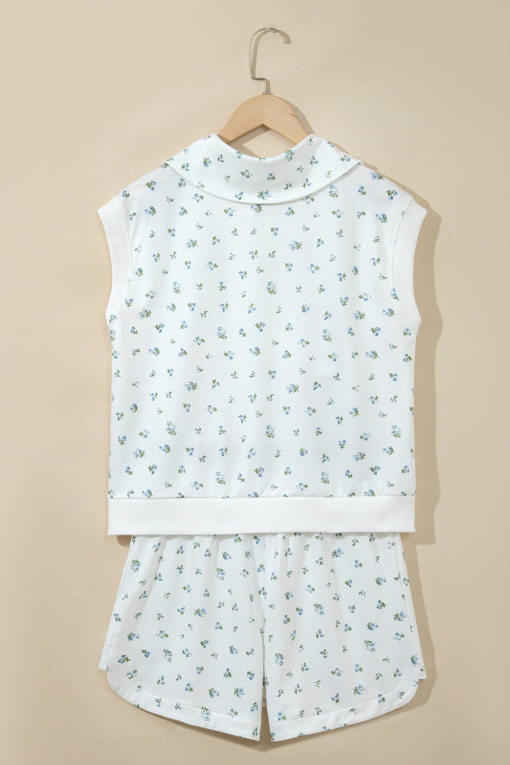 White Floral Print Half Zip Hoodie Top & Shorts Co-ord Set