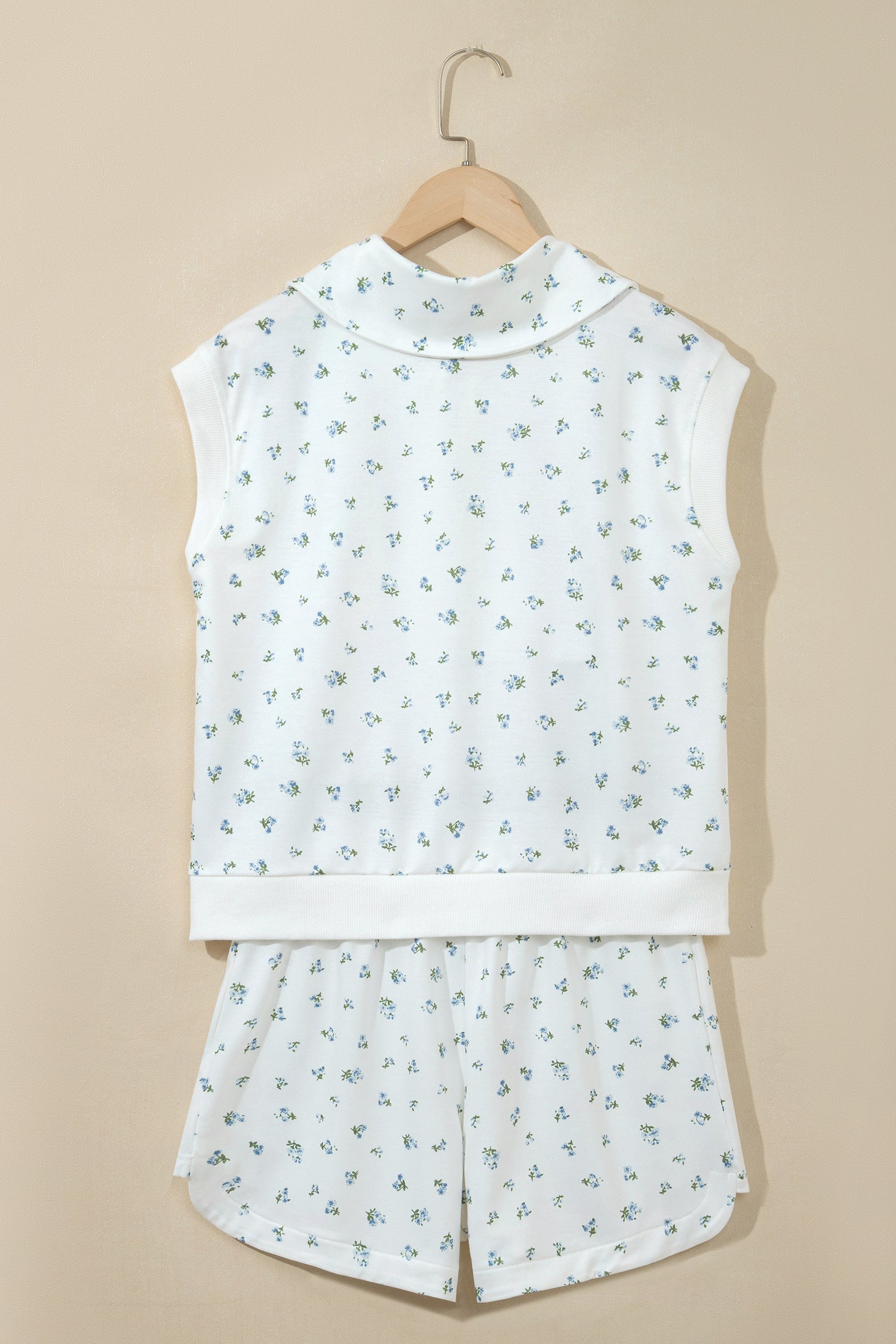 White Floral Print Half Zip Hoodie Top & Shorts Co-ord Set