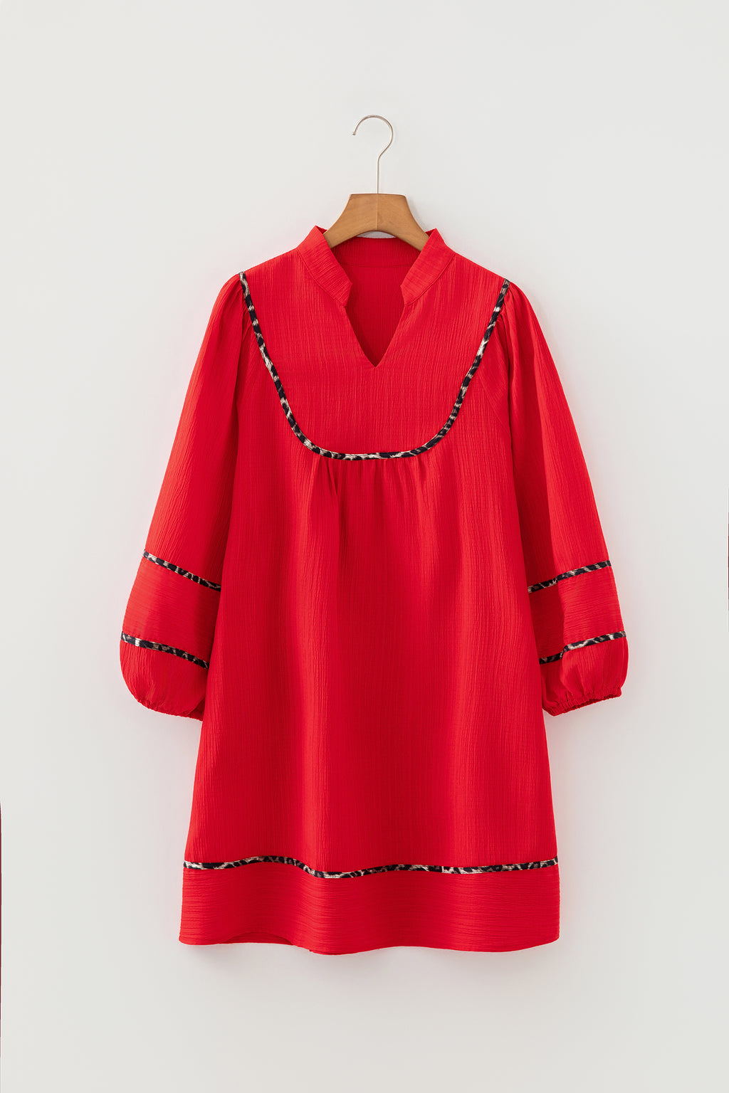Women's Fiery Red Textured V Neck Leopard Contrasted Trim Long Sleeve Shift Mini Dress at LivelyLooks