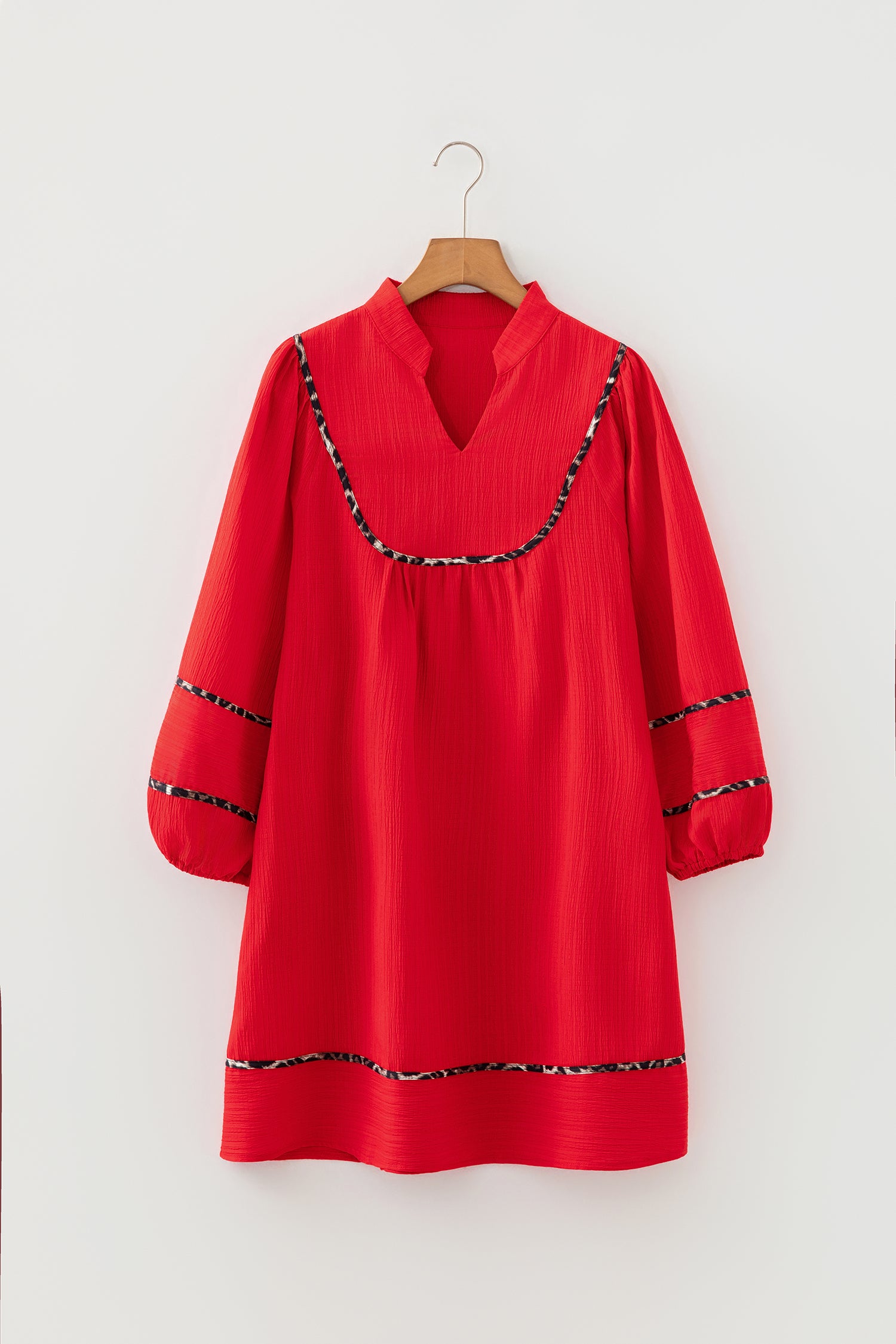 Women's Fiery Red Textured V Neck Leopard Contrasted Trim Long Sleeve Shift Mini Dress at LivelyLooks