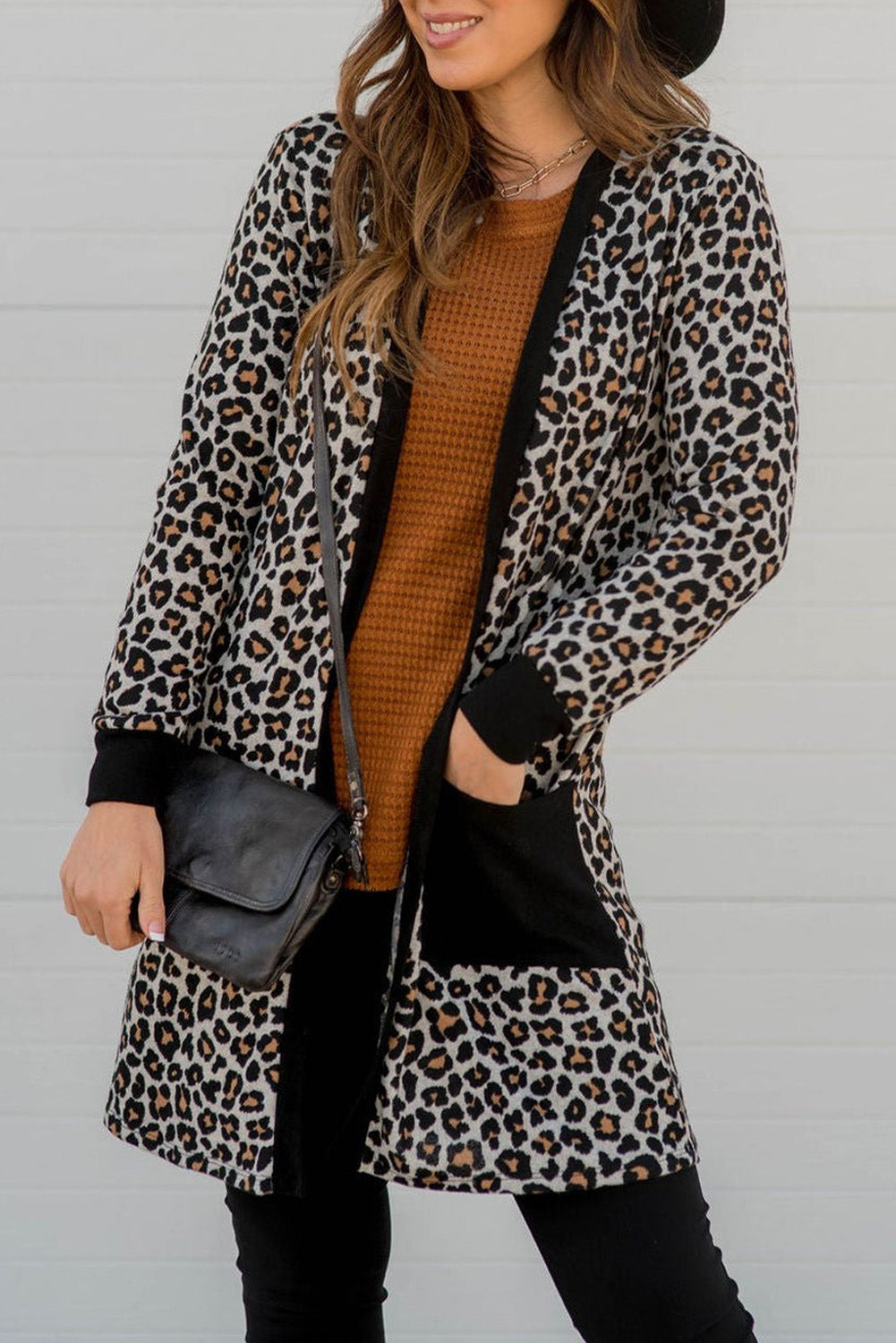 LivelyLooks Black Leopard Patched Pocket Open Front Knit Cardigan S-XL women's fashion