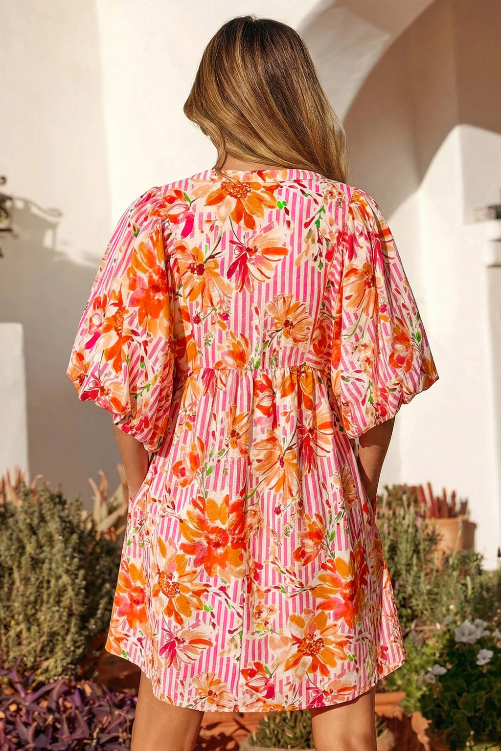 Pink Striped Floral Tie Neck Puff Sleeve Loose Mini Dress S-XL