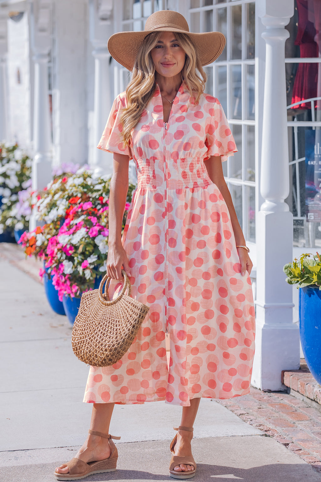 Women's Pink Polka Dot Ruffle Short Sleeve Zip-Up Maxi Dress at LivelyLooks