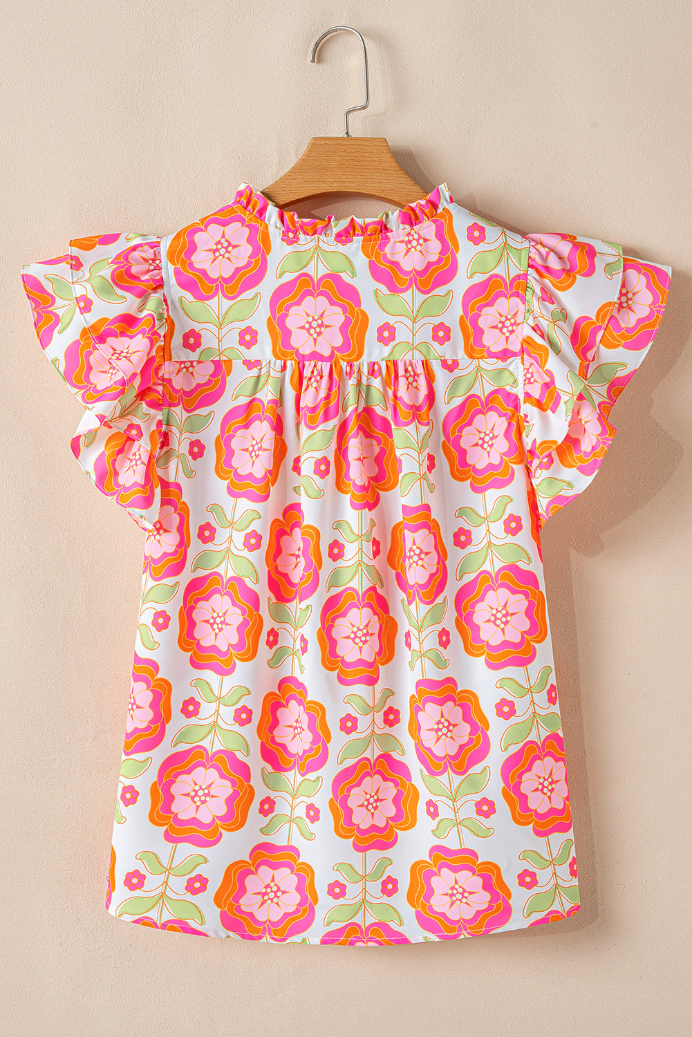 Shop Pink Floral Ruffled Sleeve Ric-rac Trim Split Neck Loose Blouse Summer Holiday Top at LivelyLooks
