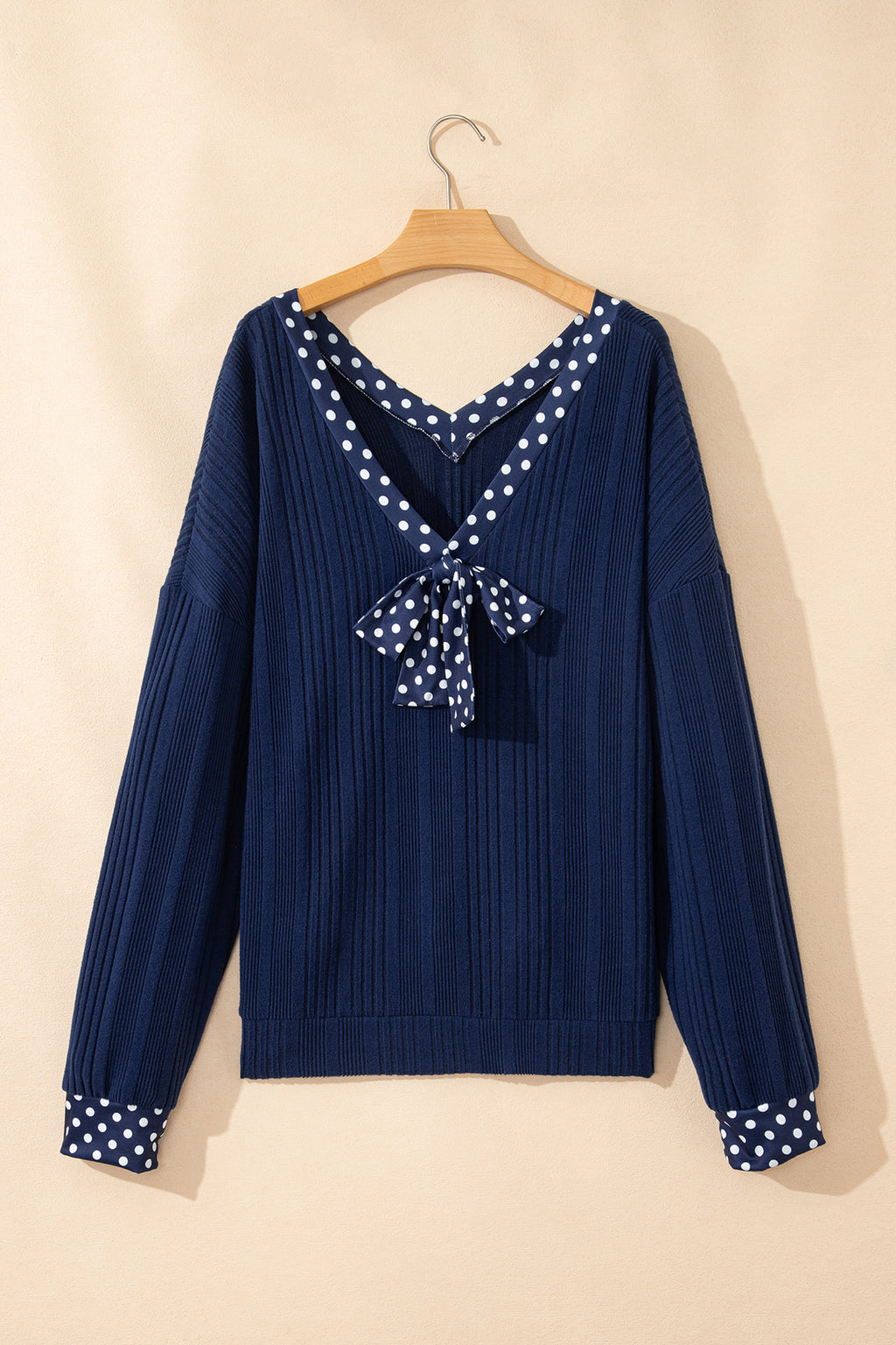Women's Dusty Blue Polka Dot Trim Bow Tie V Neck Ribbed Top at LivelyLooks