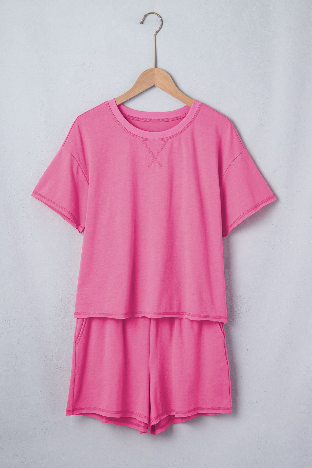 Bright Pink Seam Detail Raw Edge Tee & Rainbow Waistband Shorts Co-ord Set
