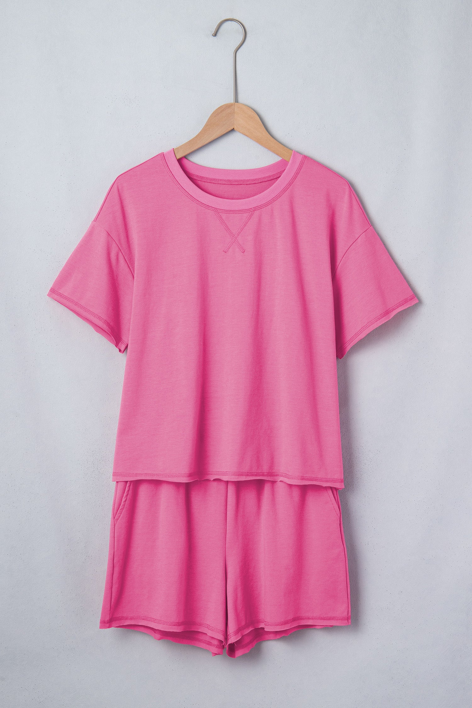 Bright Pink Seam Detail Raw Edge Tee & Rainbow Waistband Shorts Co-ord Set