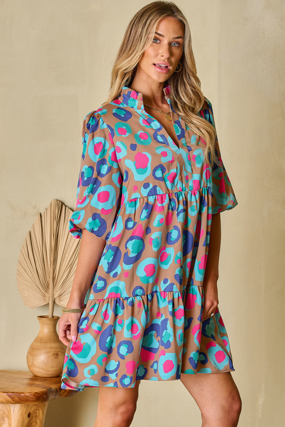 Women's Green Leopard Print Bubble Sleeve Slit Neck Ruffled Mini Dress at LivelyLooks