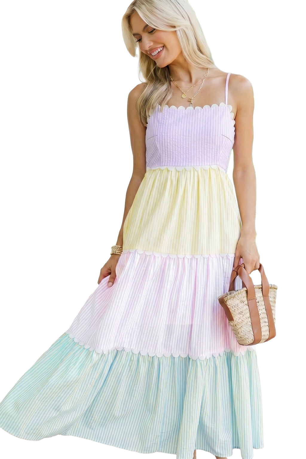 Multicolour Striped Colorblock Scalloped Neck Maxi Dress | S-XL