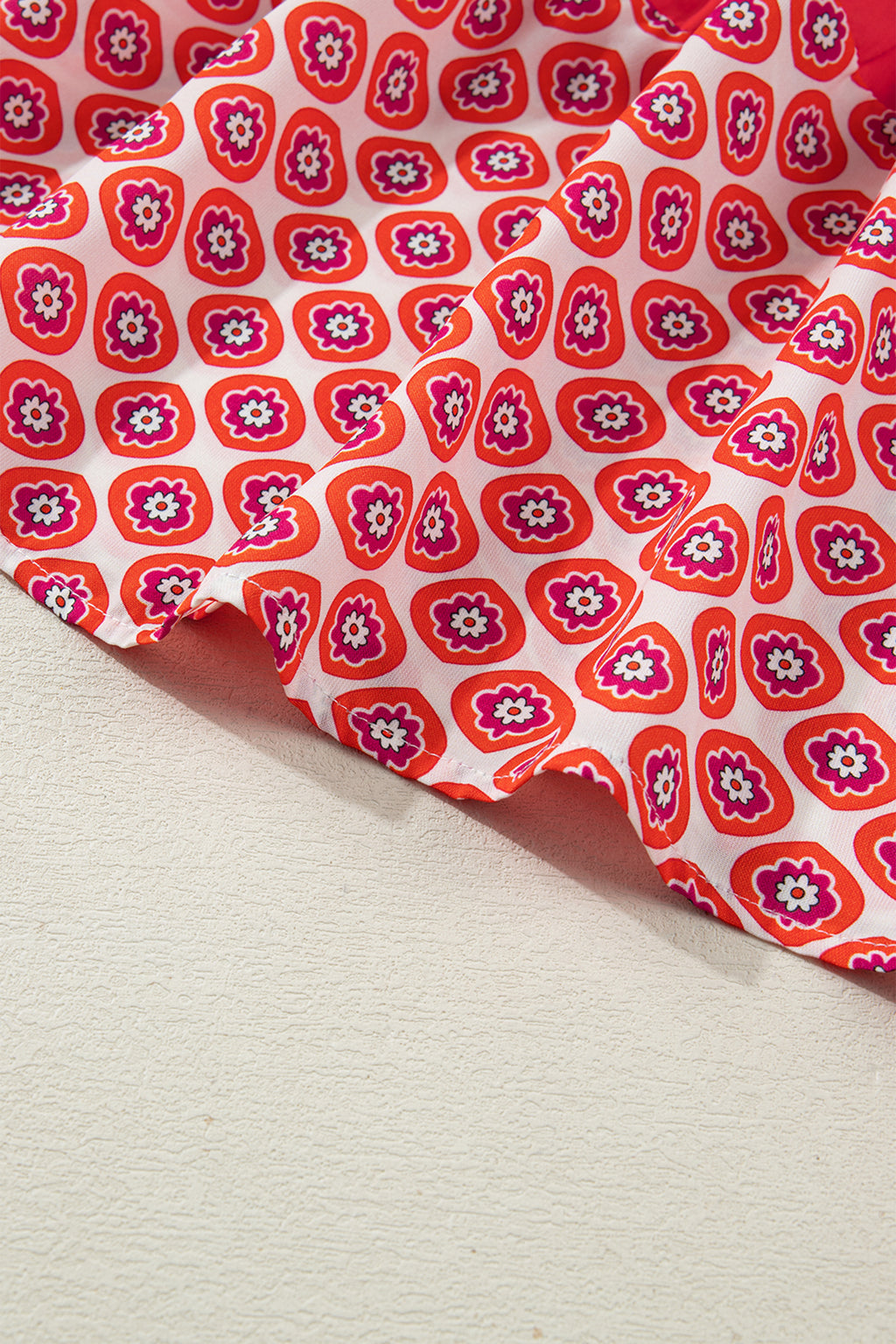 Orange Geometric Floral Colour Block Trim Button Front Ruffle Hem Dress S-XL
