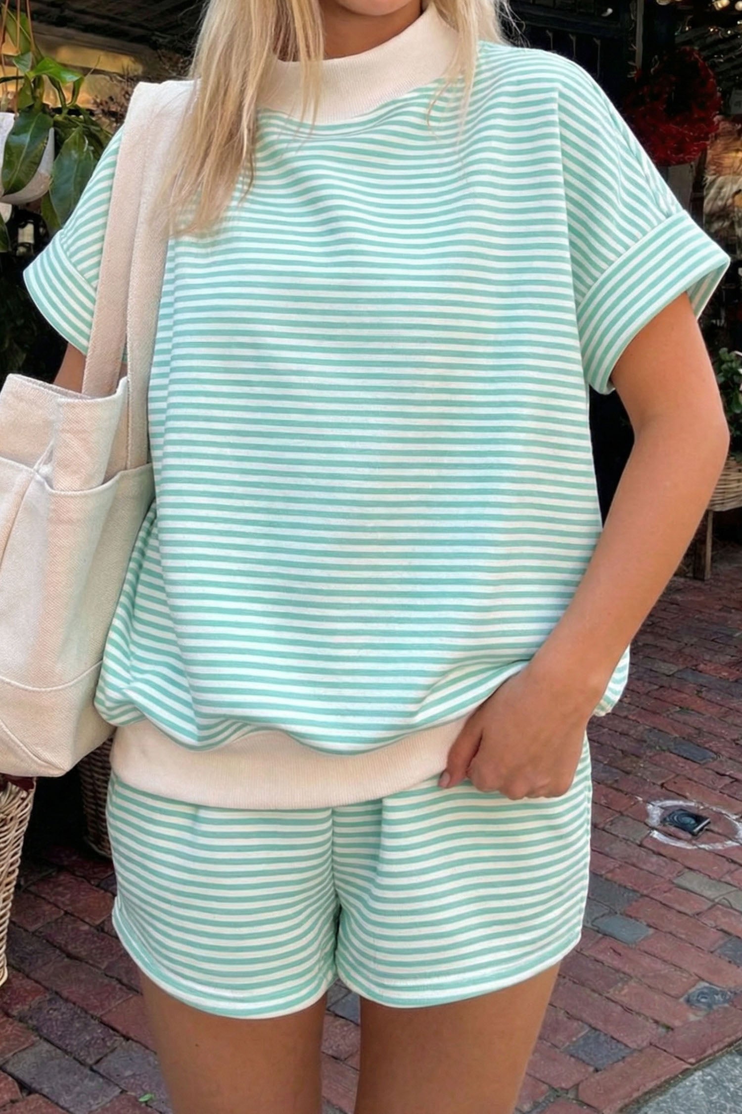Striped Cuffed Sleeve Mock Neck Tee & Shorts Co-ord | Sky Blue, Pink & Green