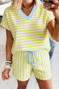 LivelyLooks Women's Stripe V-Neck Tee & Drawstring Shorts Set Contrast Trim S-XL women's fashion
