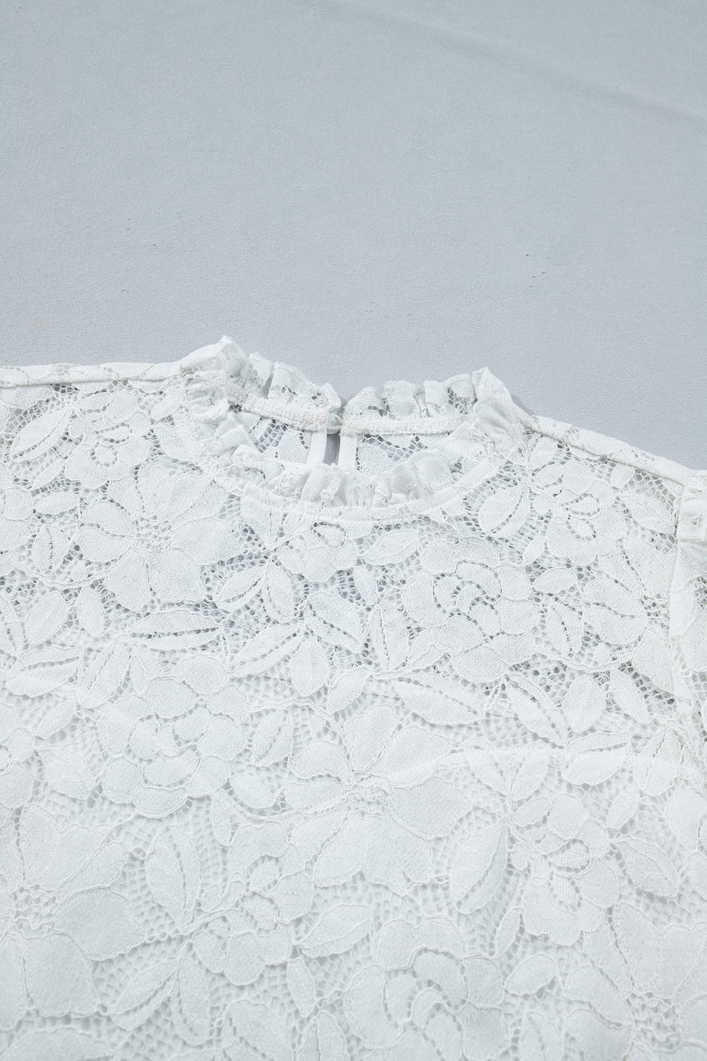 White Sheer Lace Blouse Ruffled Round Neck Long Flounce Sleeve Women S-XL