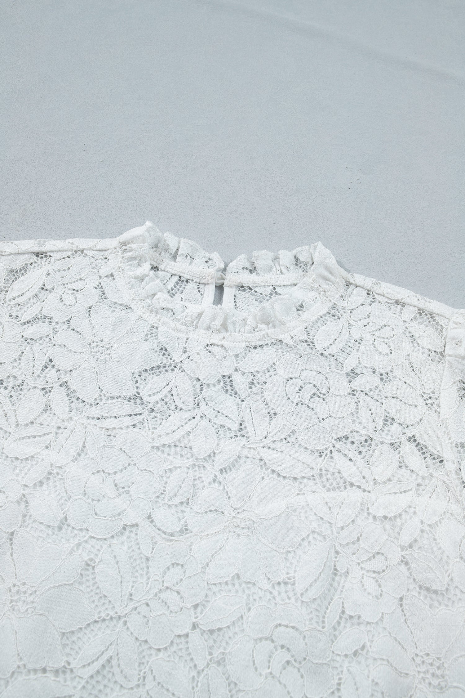 White Sheer Lace Blouse Ruffled Round Neck Long Flounce Sleeve Women S-XL