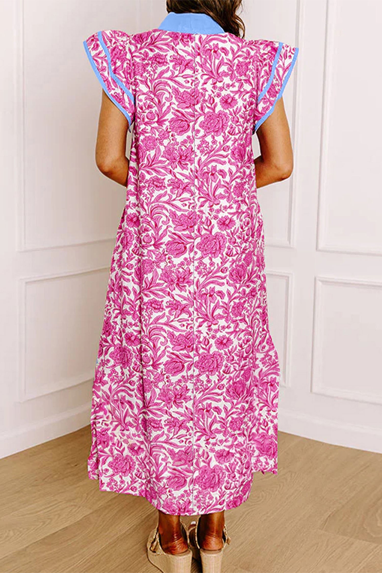Pink & Green Floral Colour Block Patchwork V-Neck Midi Dress