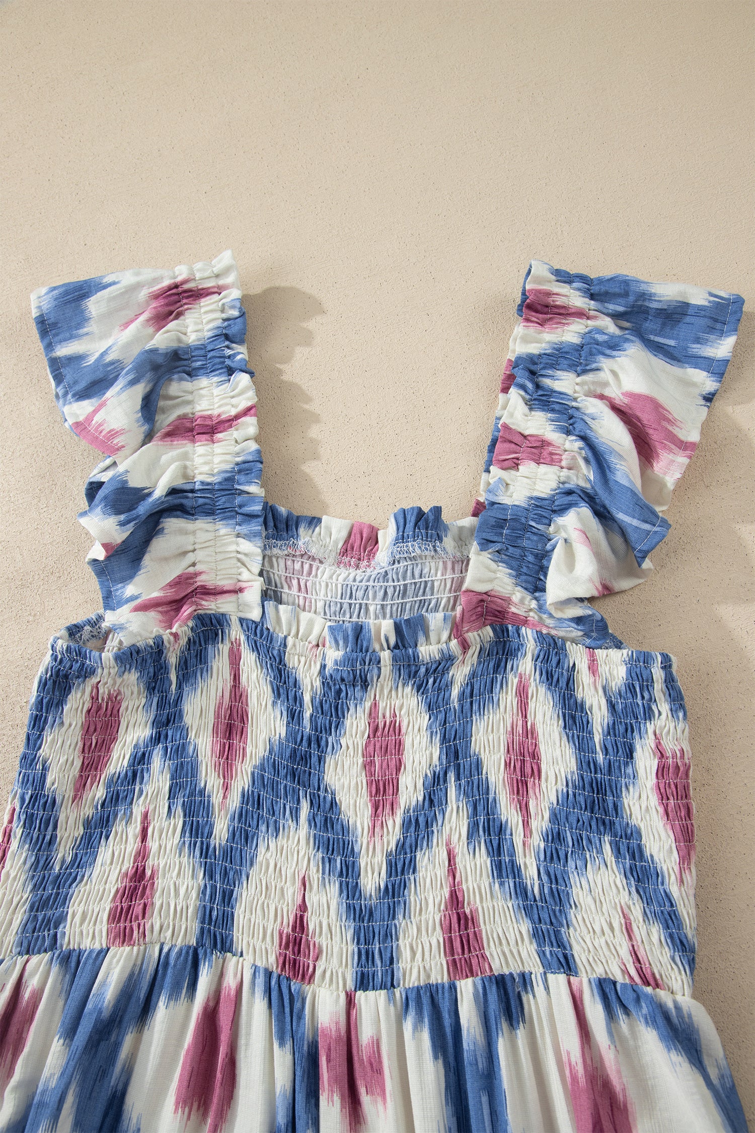 Shop Blue Ethnic Geometric Maxi Dress | Square Neck Smocked Waist Ruffle Sleeve at LivelyLooks