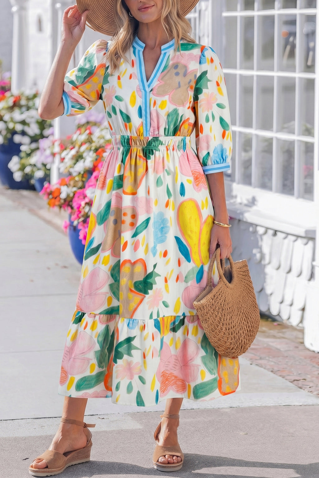 Multicolour Floral Doodle Print Striped Trim V Neck Midi Dress S-XL