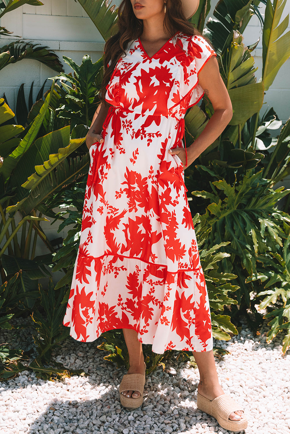 Red Floral Print Trimmed V Neck Ruffle Sleeve Long Dress S-XL