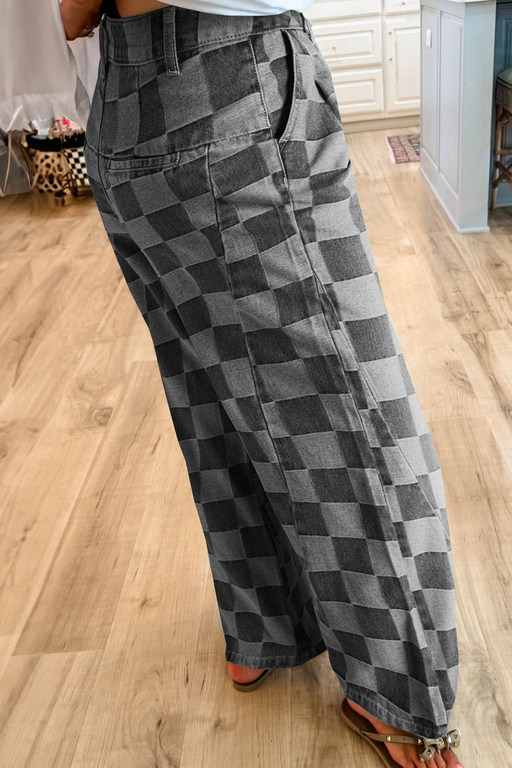 Shop Checkered Denim Wide Leg Jeans UK 8-20 at LivelyLooks