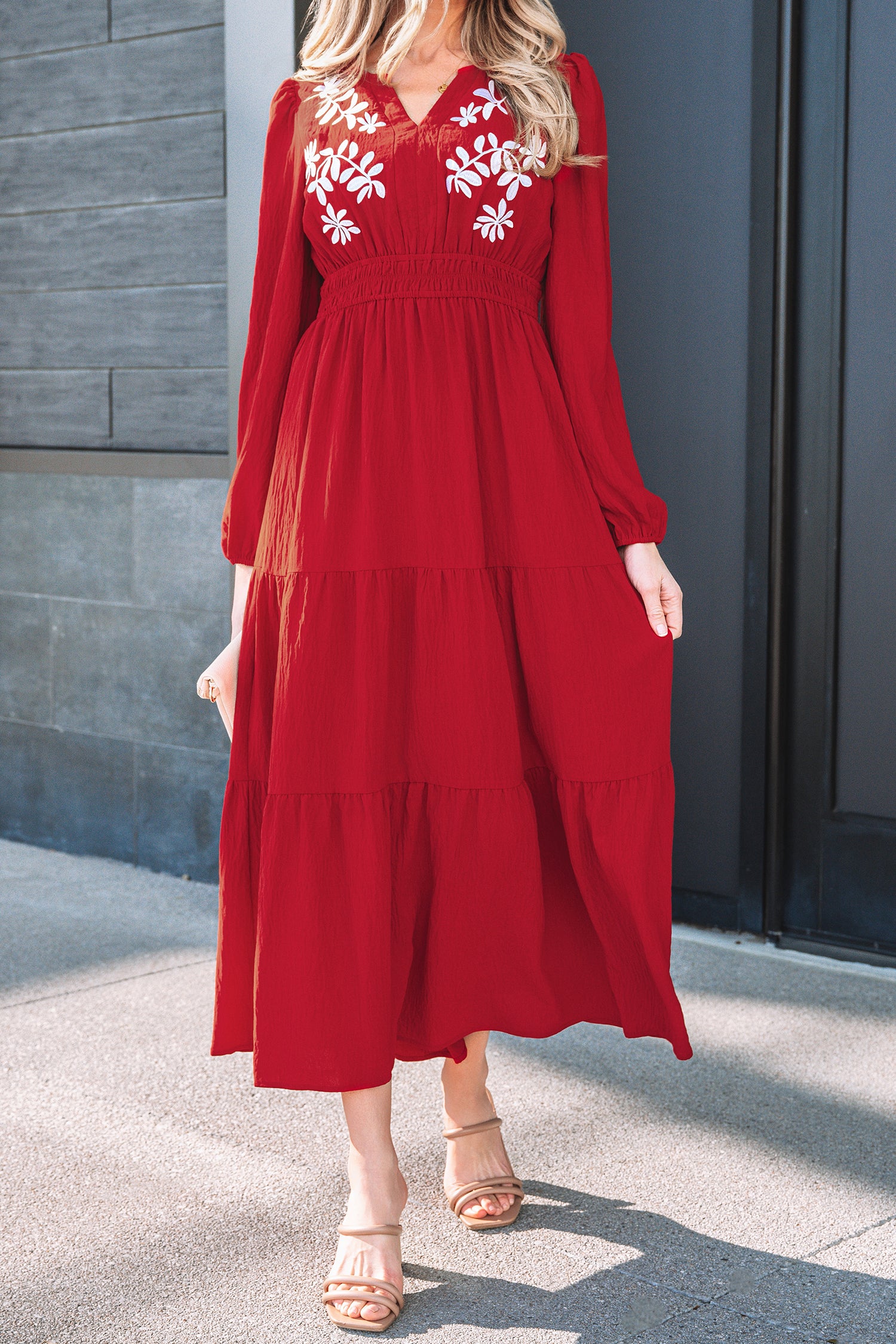 Racing Red Embroidered Cinched Waist Tiered Long Sleeve Maxi Dress S-XL