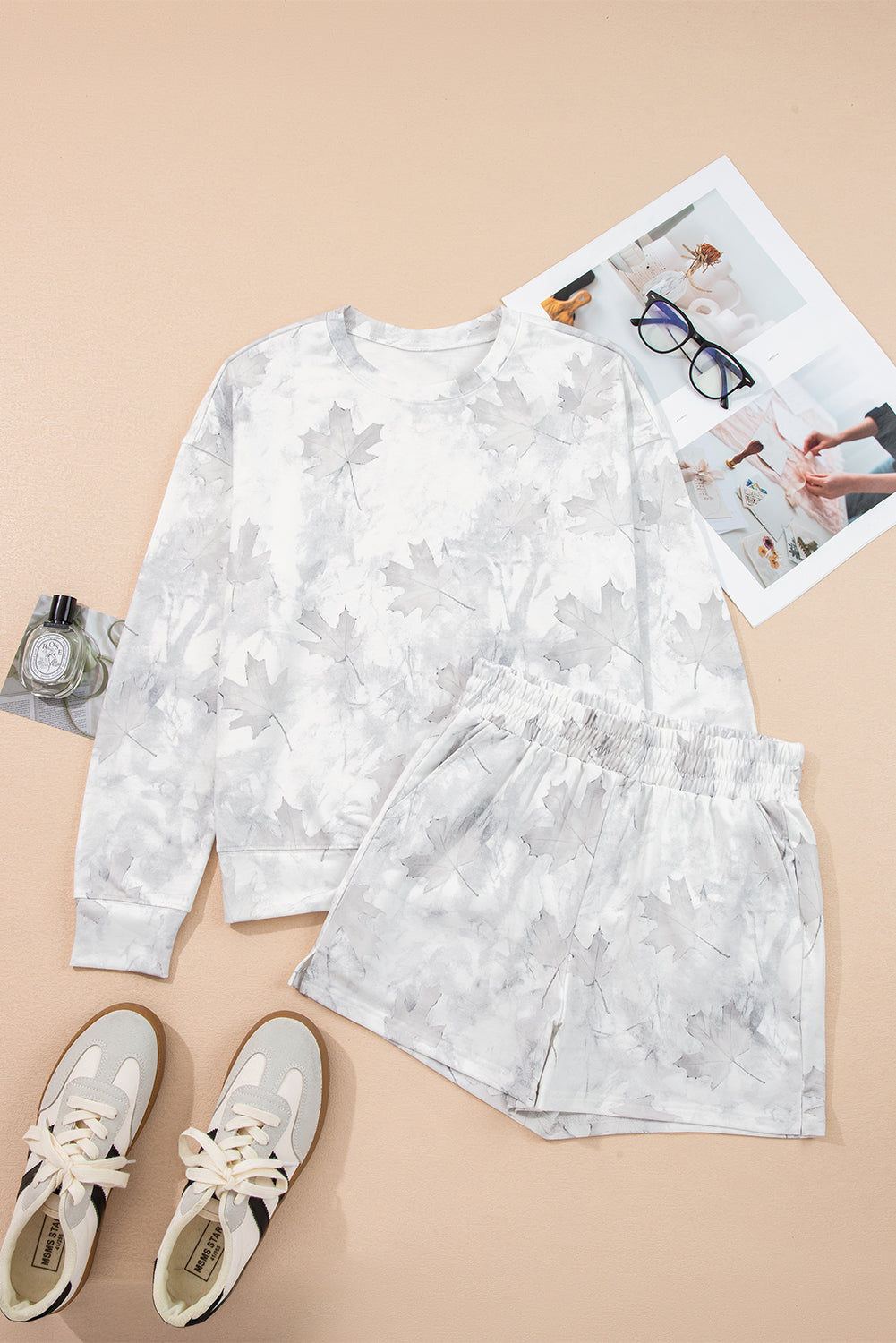 Shop Beige Maple Camo Print Pullover Top & Elastic Waist Shorts Set S-XL at LivelyLooks