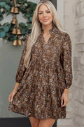 Brown Paisley Print Mini Dress Puff Sleeve Half Button Flowy Women S-XL