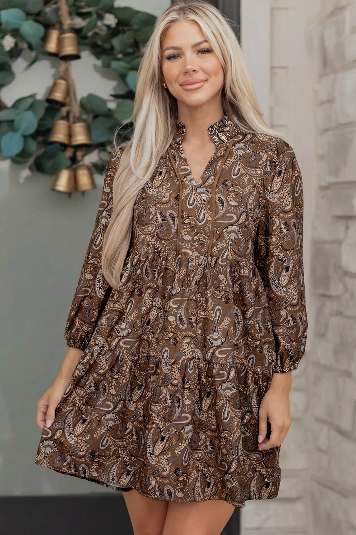 Brown Paisley Print Mini Dress Puff Sleeve Half Button Flowy Women S-XL