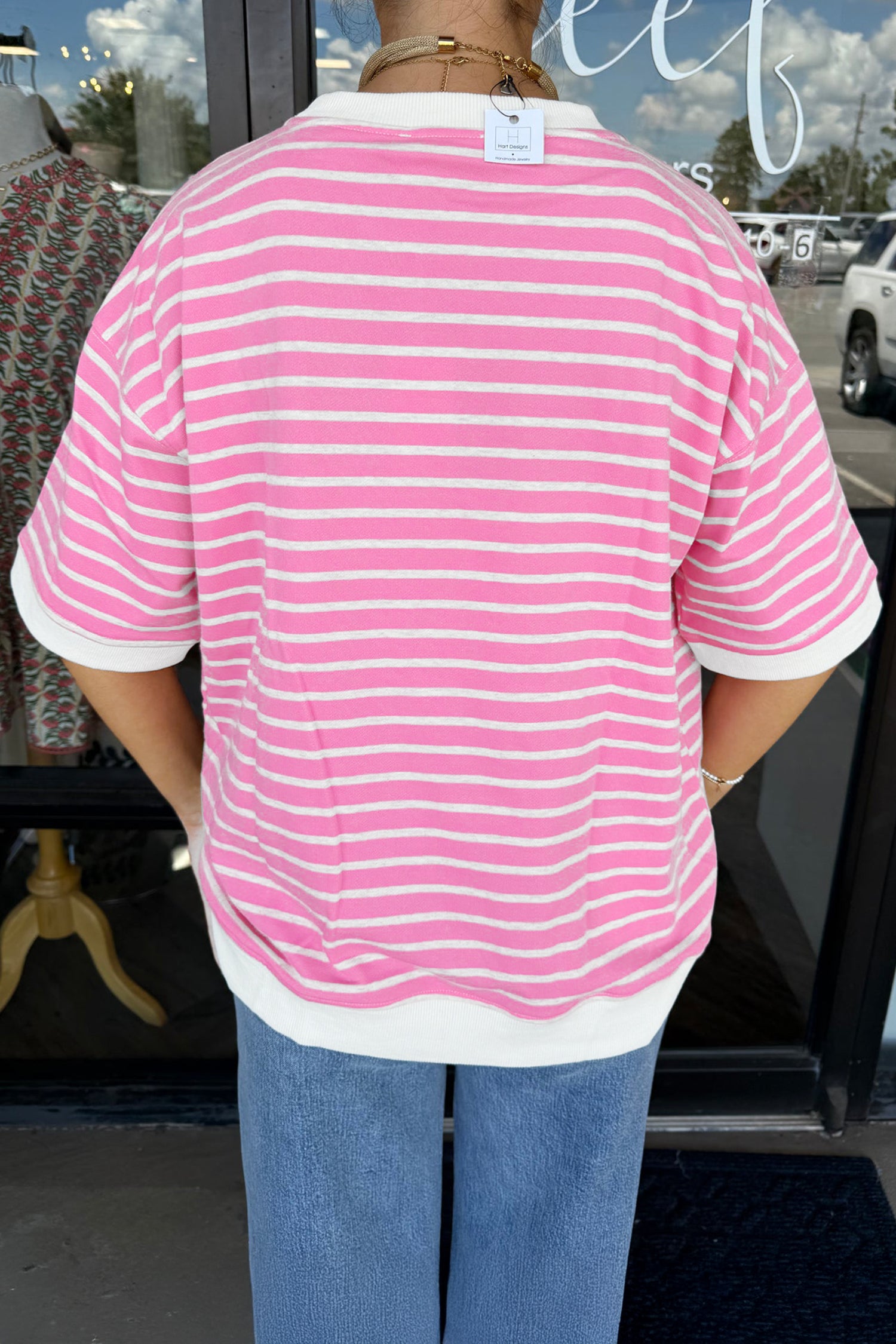 Pink Stripe Drop Shoulder Loose Round Neck Top