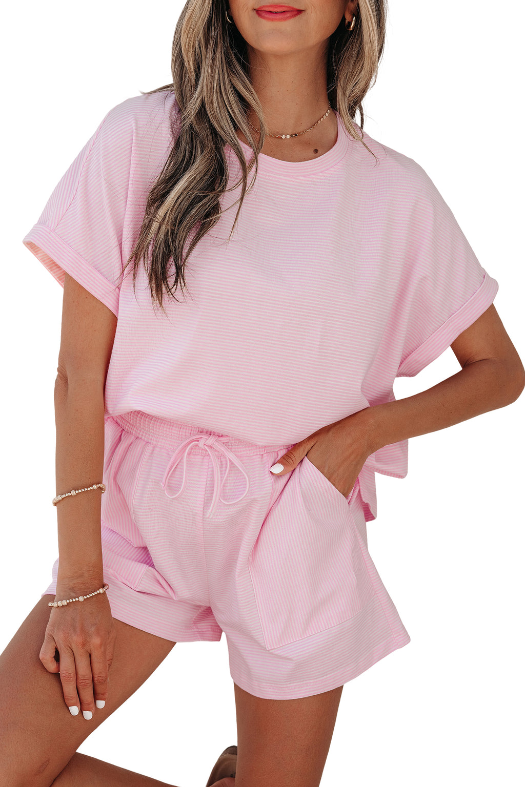 Pink Stripe Matching Oversized Tee & Drawstring Shorts Co-ord Set