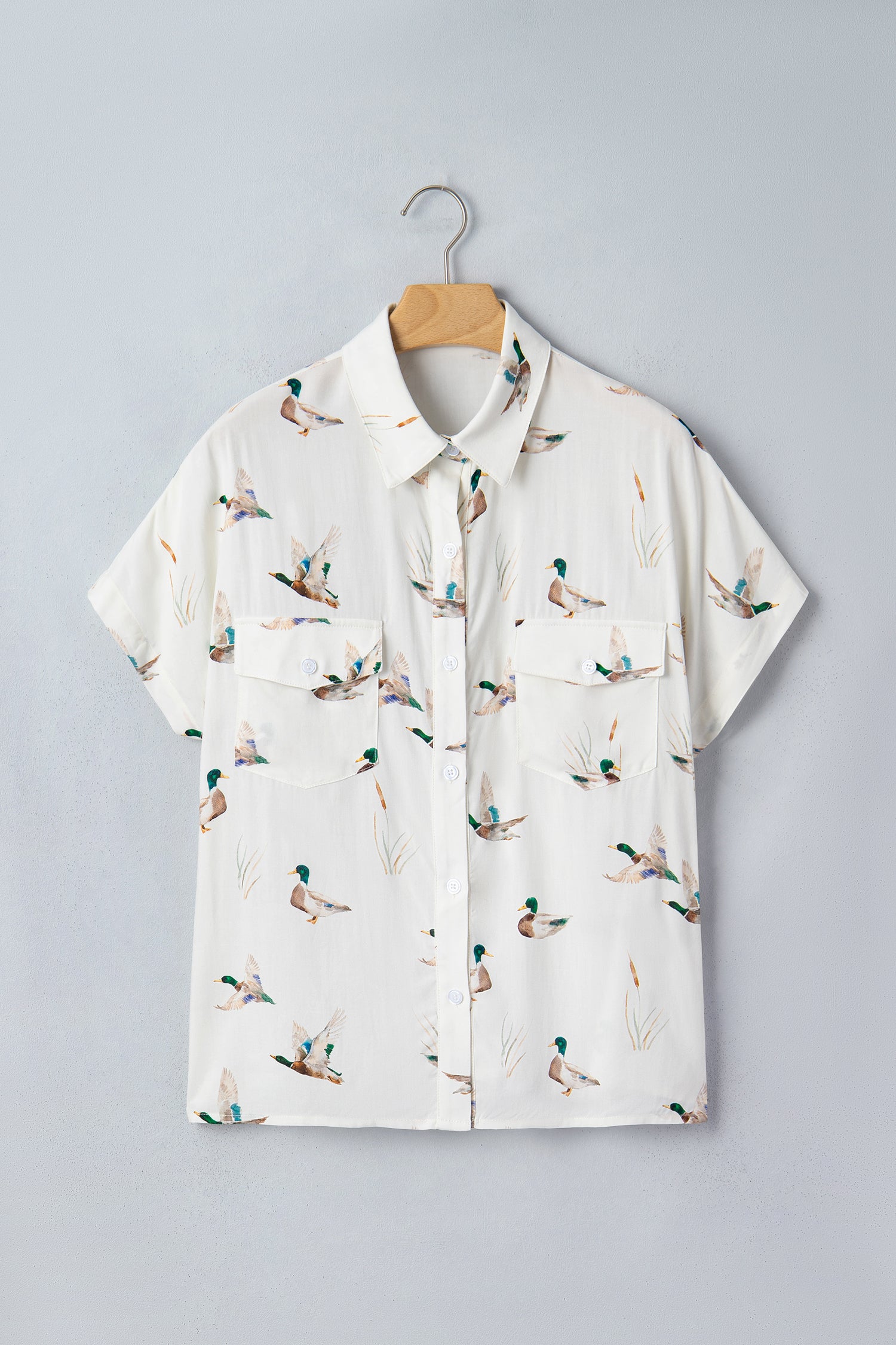 White Mallard Print Button Flap Pocket Short Sleeve Shirt | UK 8–22