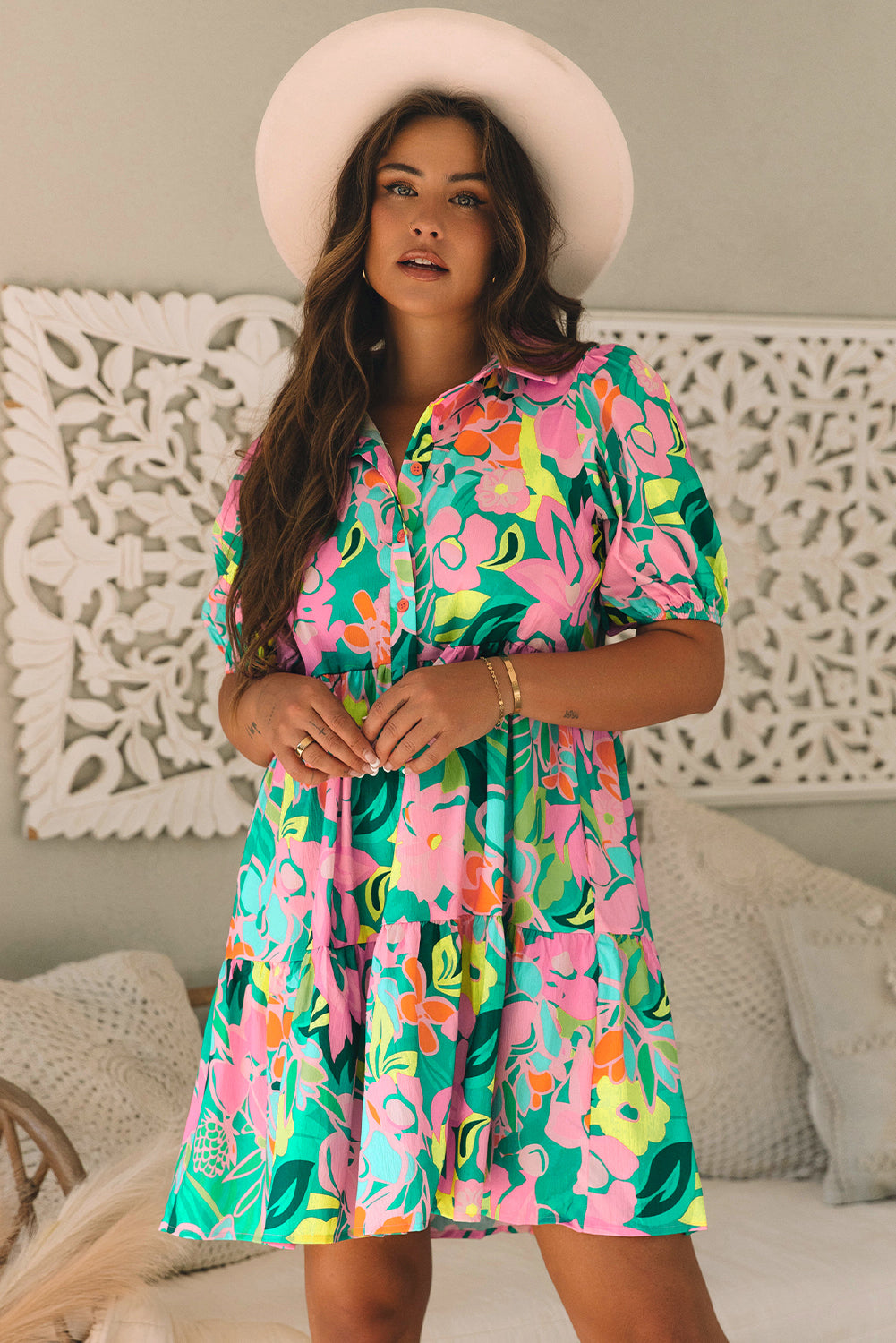 LivelyLooks Green Floral Puff Sleeve Collar Buttoned Babydoll Dress Summer Boho Mini Sundress women's fashion