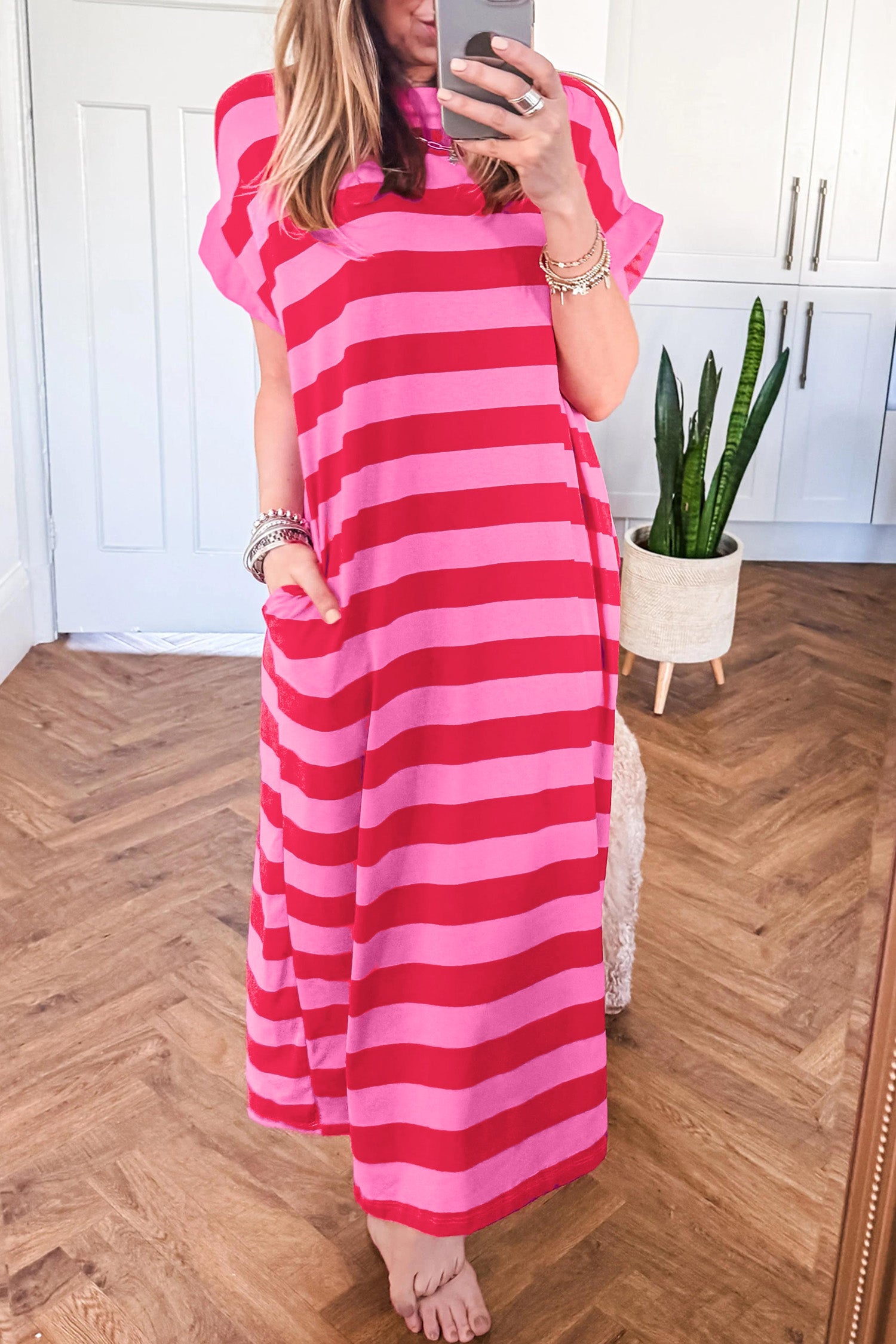 Rose & Orange Stripe Cuffed Short Sleeve Pocketed T-Shirt Maxi Dress | UK 8–22