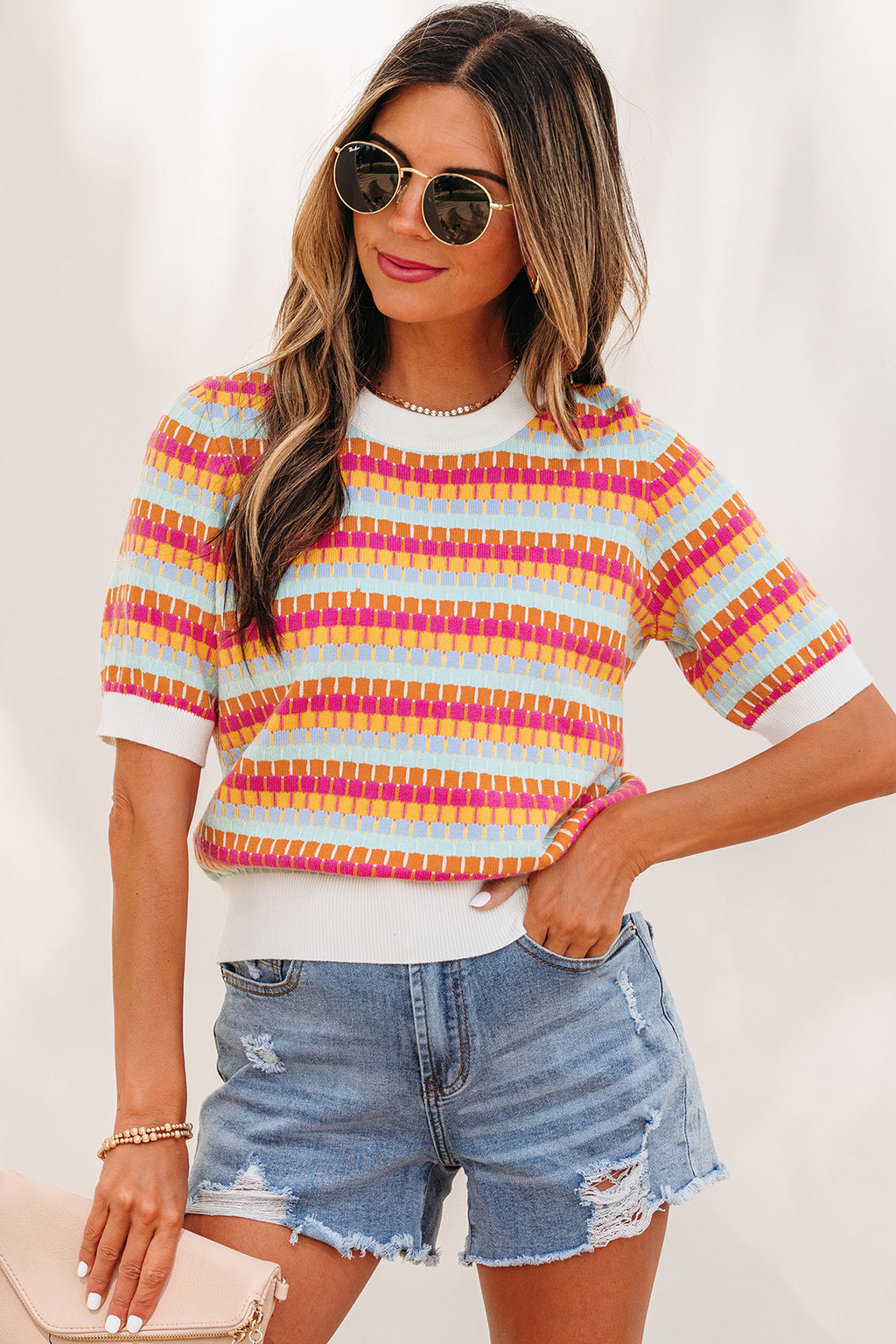 Women's Rose Red Abstract Stripe Knit Short Sleeve Sweater at LivelyLooks