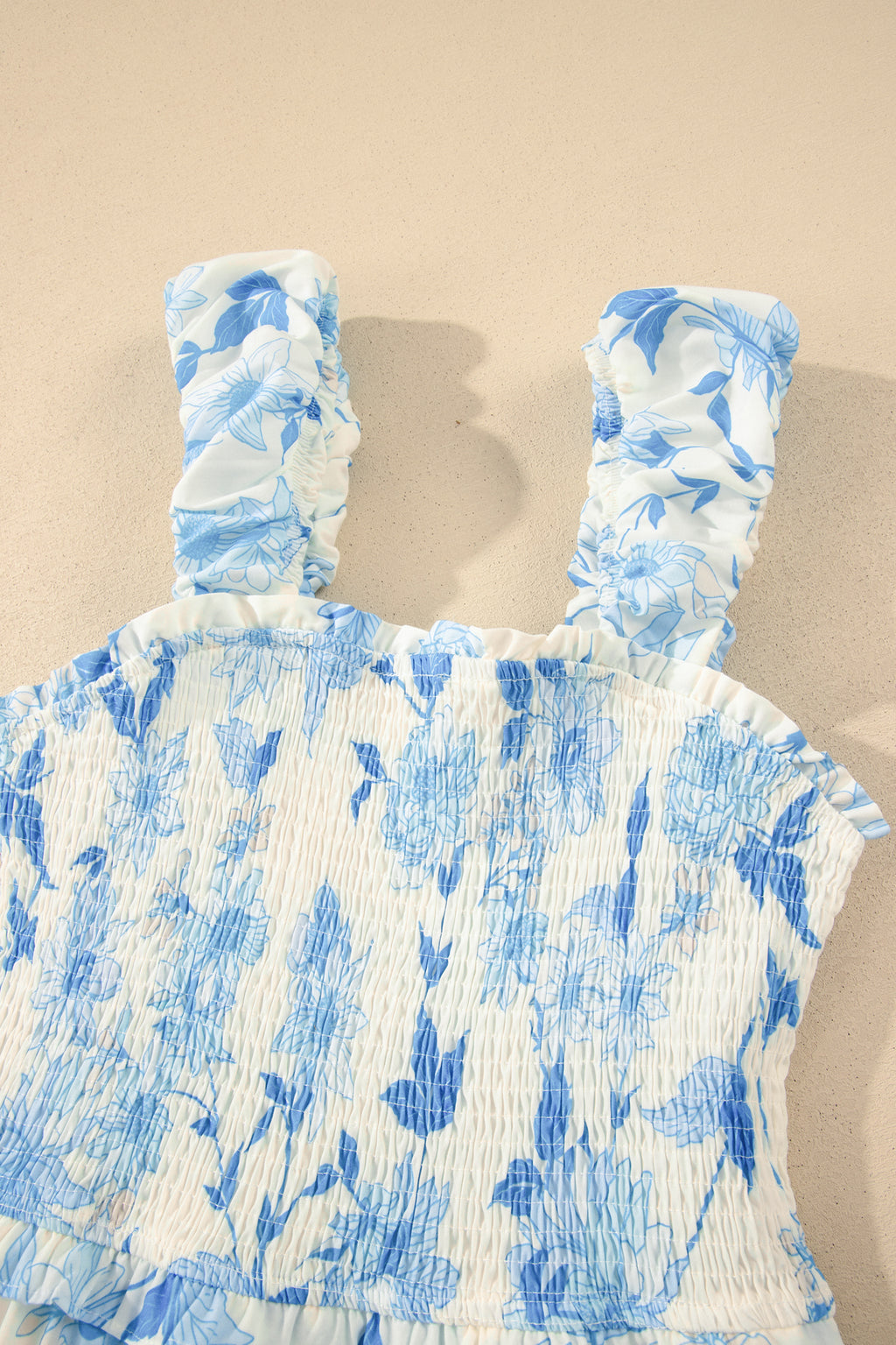 Sky Blue Floral Smocked Maxi Dress Ruffled Straps High Waist S-XL