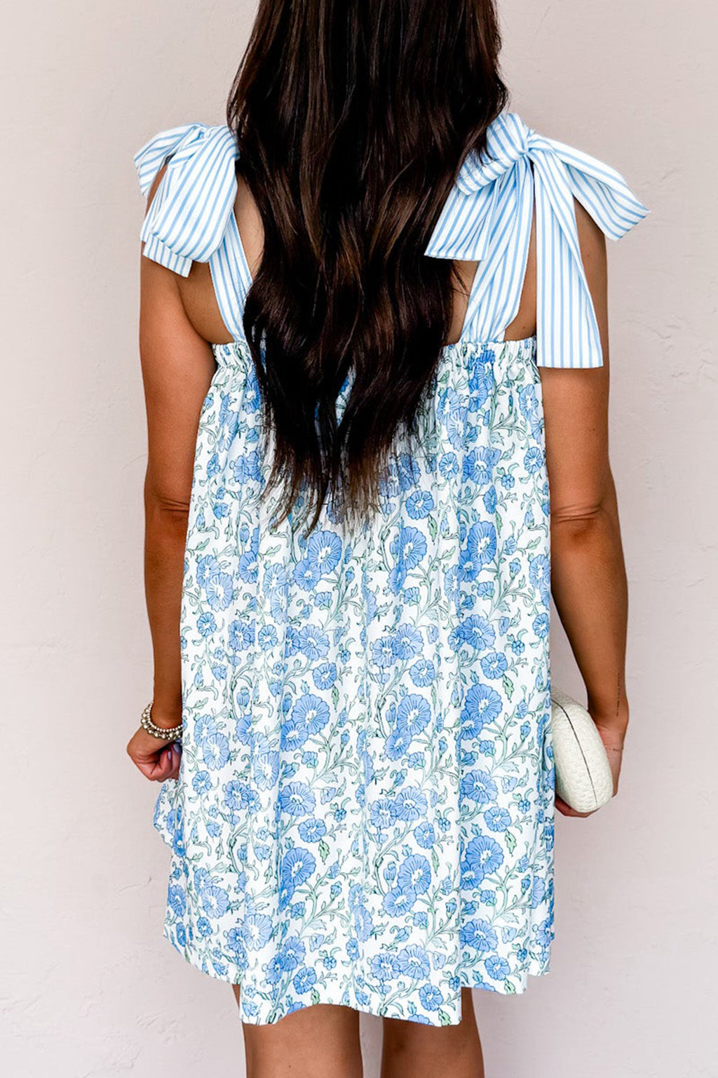 Sky Blue & Pink Floral Striped Bow Knot Strap Mini Dress