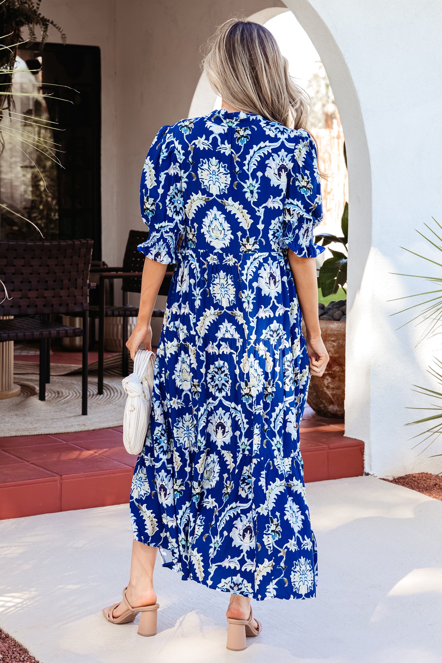 Women's Blue Wild Floral Print Frilled Collar Puff Sleeve Midi Dress at LivelyLooks