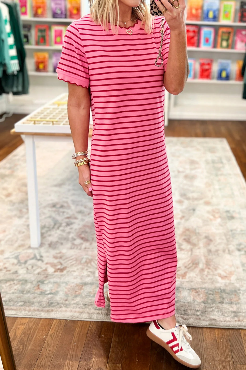 Rose Stripe Scalloped Trim Side Slit Short Sleeve T-Shirt Dress S-XL