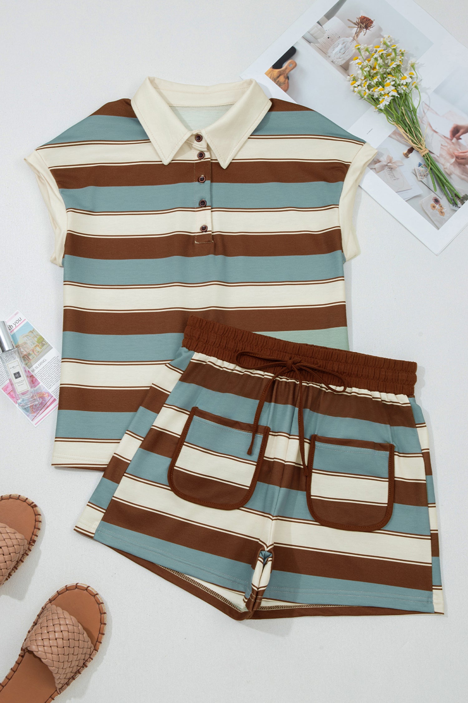 White Stripe Polo Collar Tee & Drawstring Shorts Co-ord Set