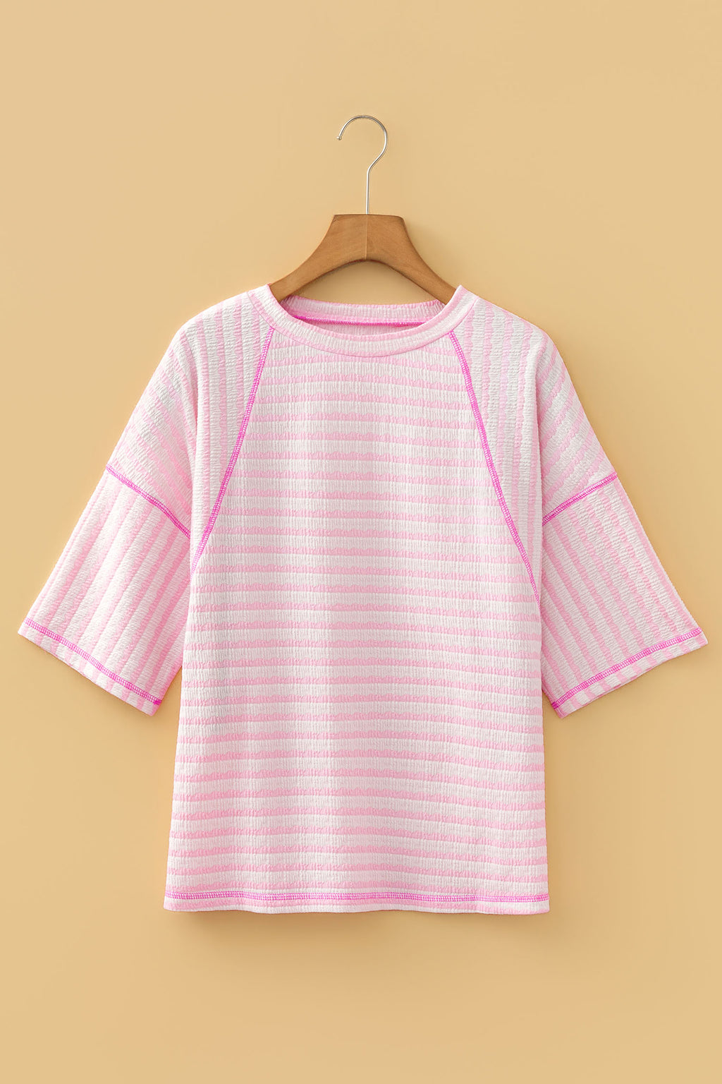 LivelyLooks Brown Stripe Textured Knit Split Hem Half Sleeve Loose Top women's fashion
