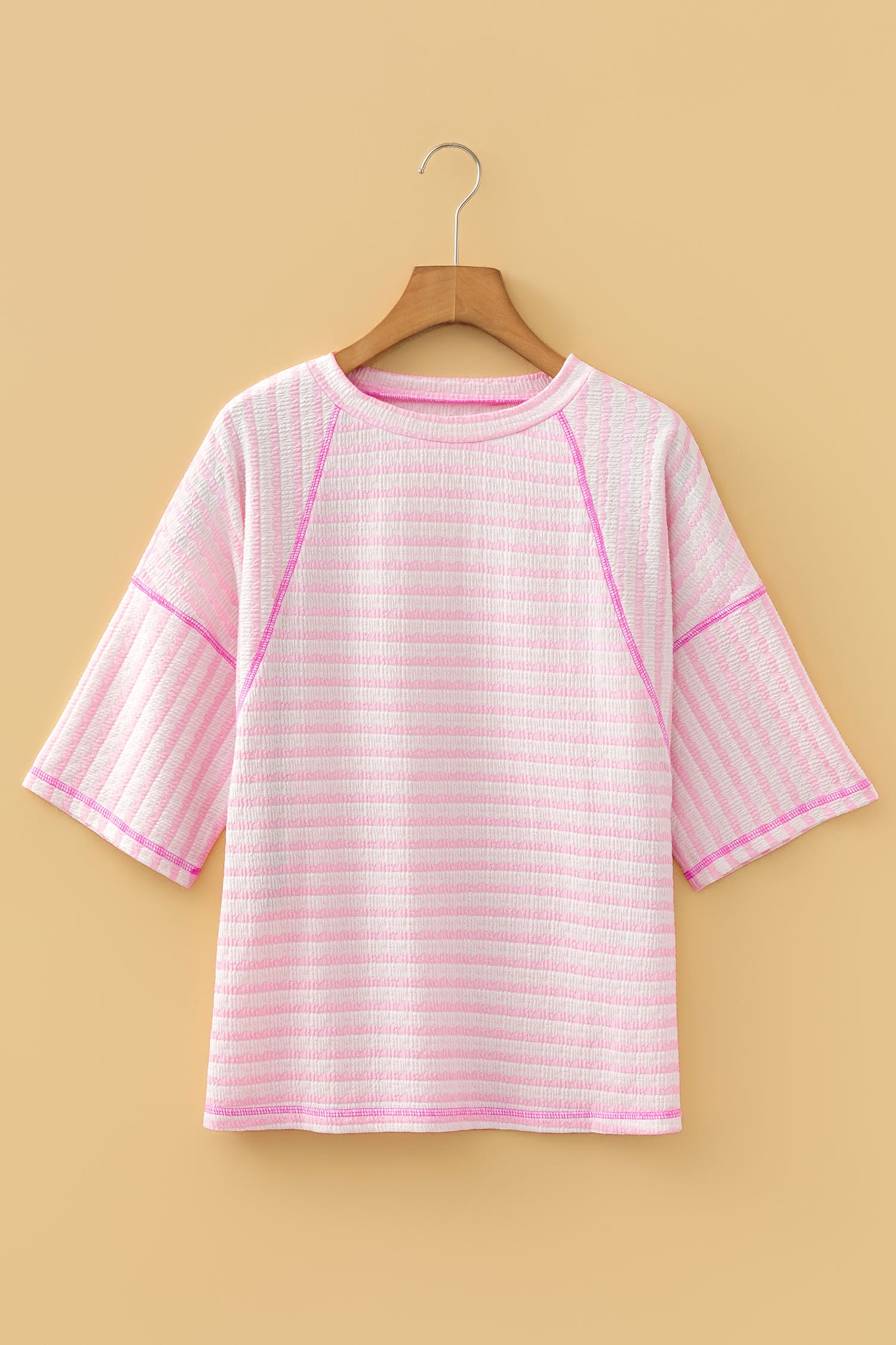 LivelyLooks Brown Stripe Textured Knit Split Hem Half Sleeve Loose Top women's fashion